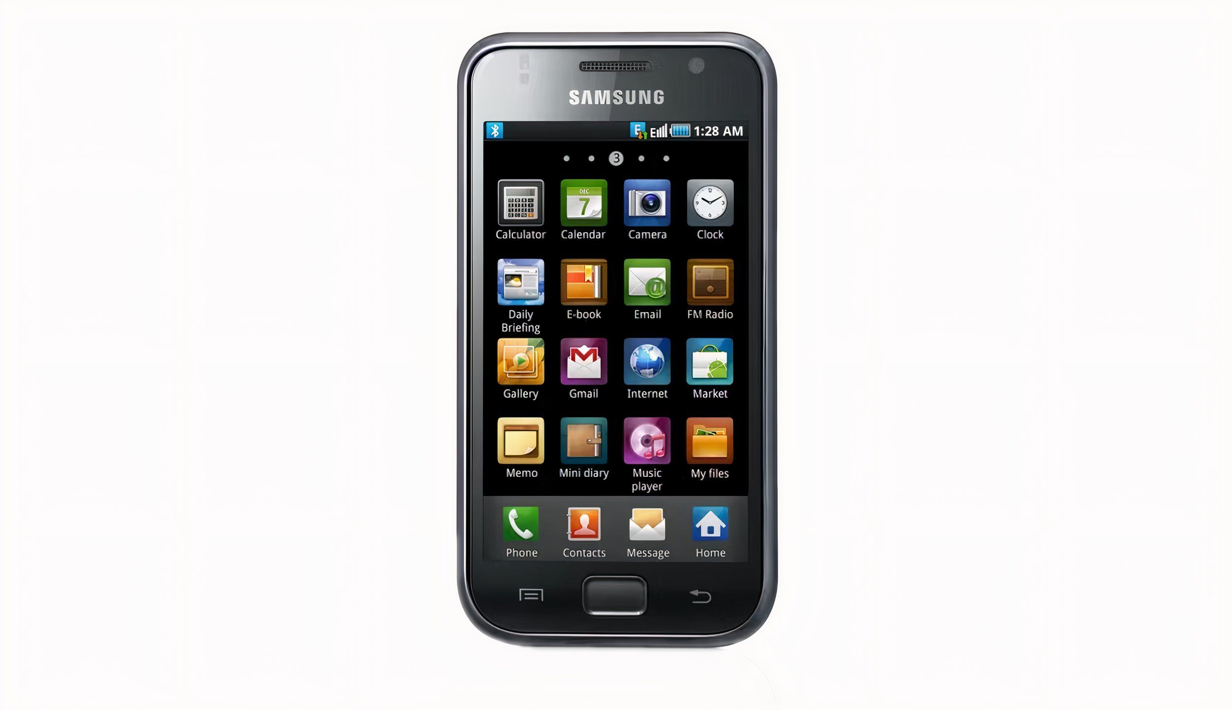 A Samsung Galaxy S smartphone (with a home button) on a white background.