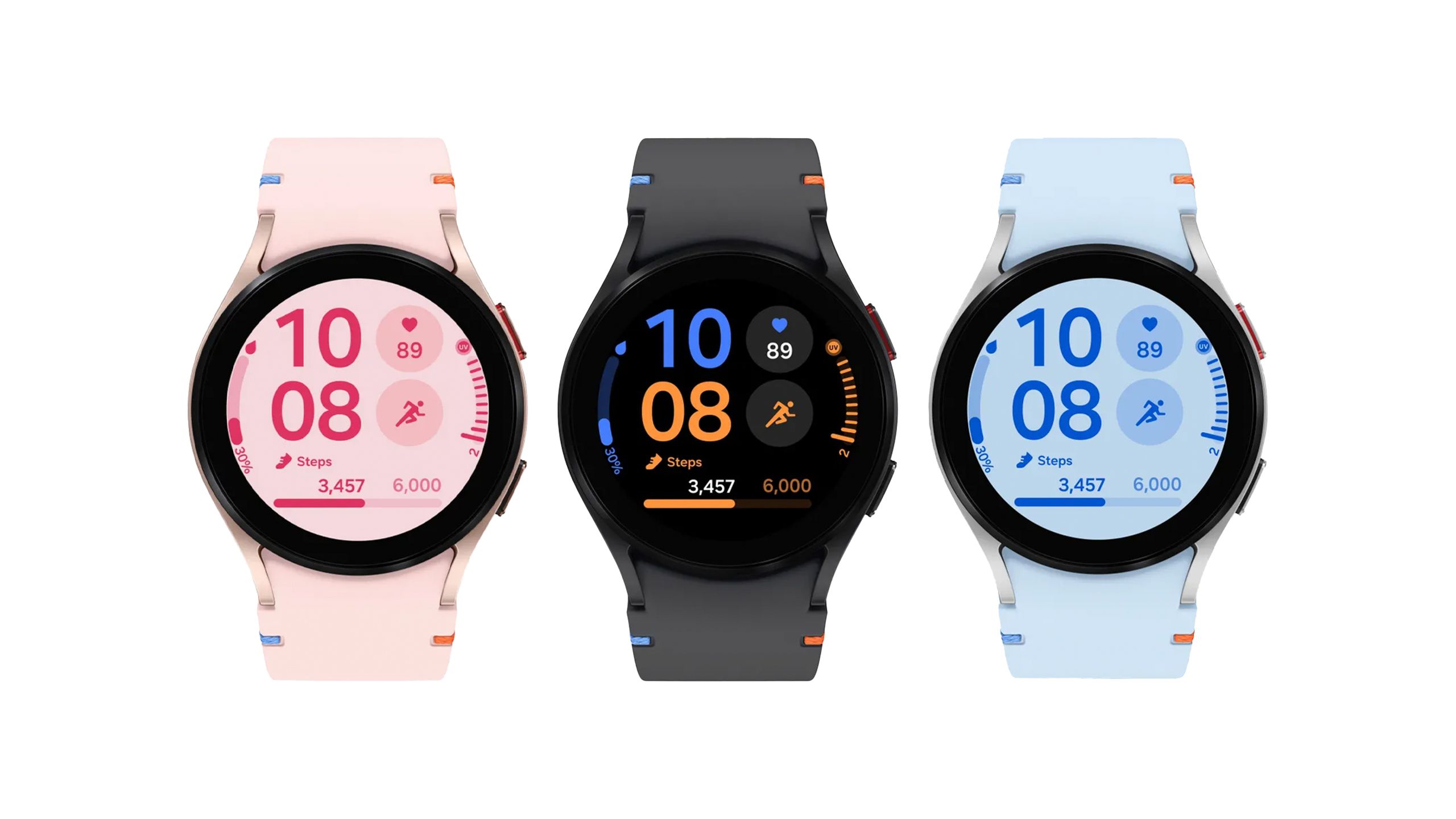 The pink gold, black and blue Samsung Galaxy Watch FE is shown on a white background. 