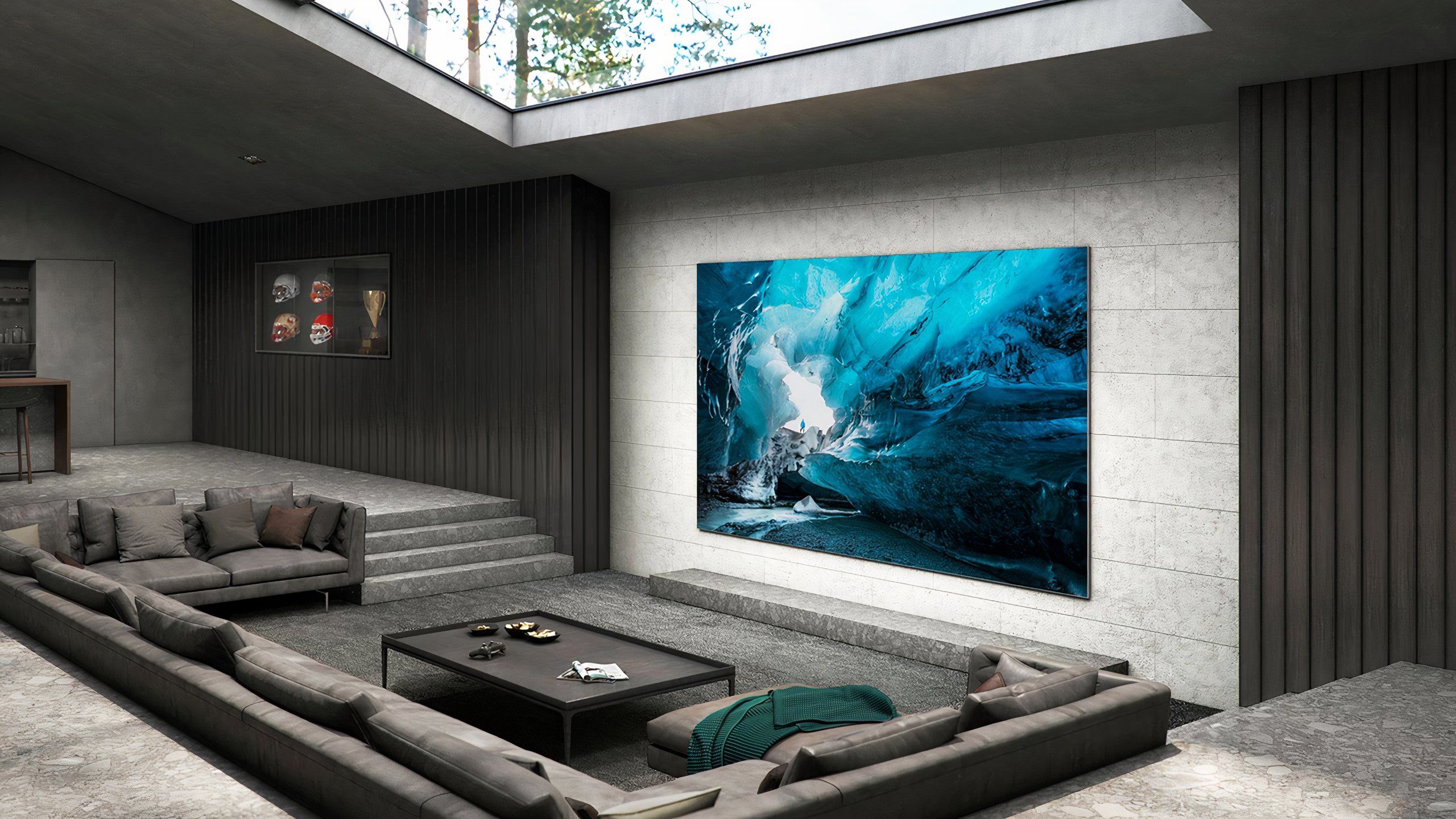 Samsung MicroLED TV on a wall in a modern rendering of a home. 