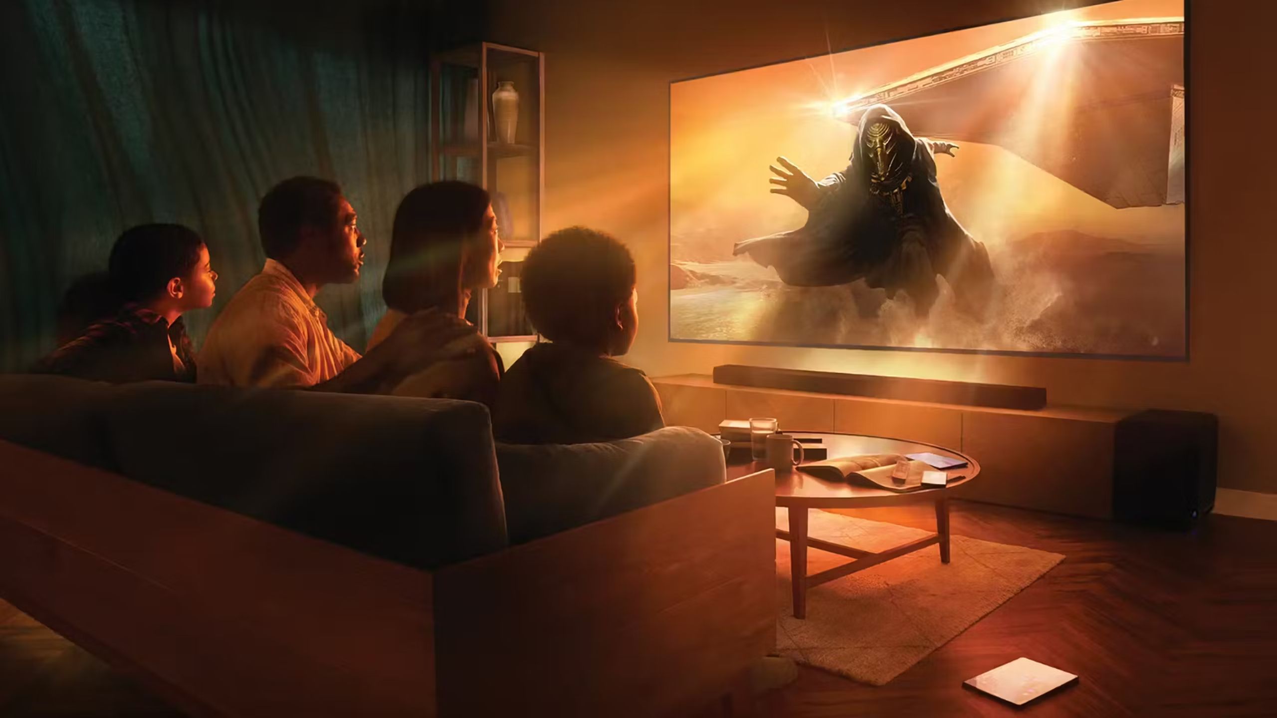 A family watching a sci-fi movie on Sony's new Bravia TV. 