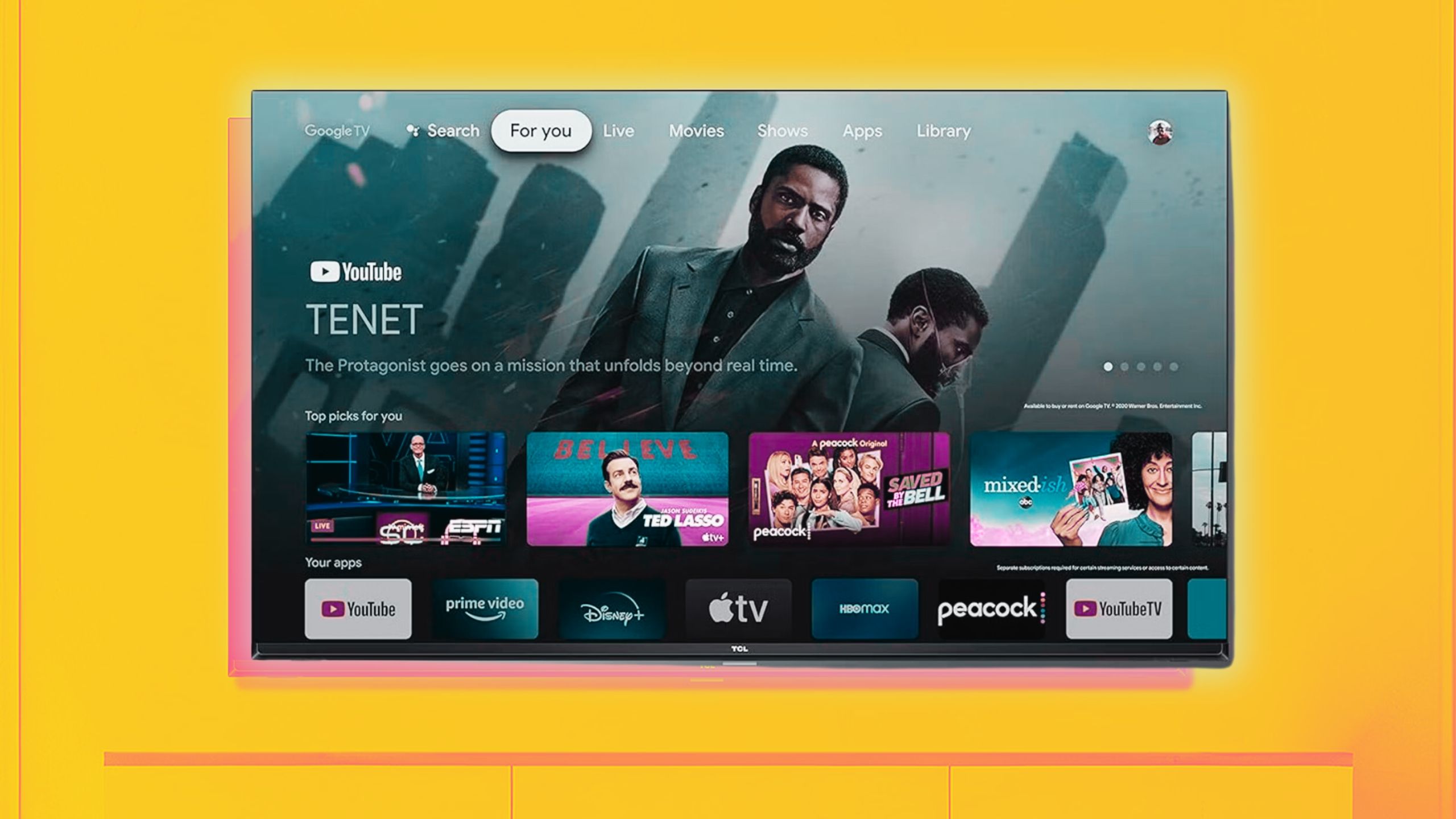 TCL screen featuring a selection of movies and shows. 