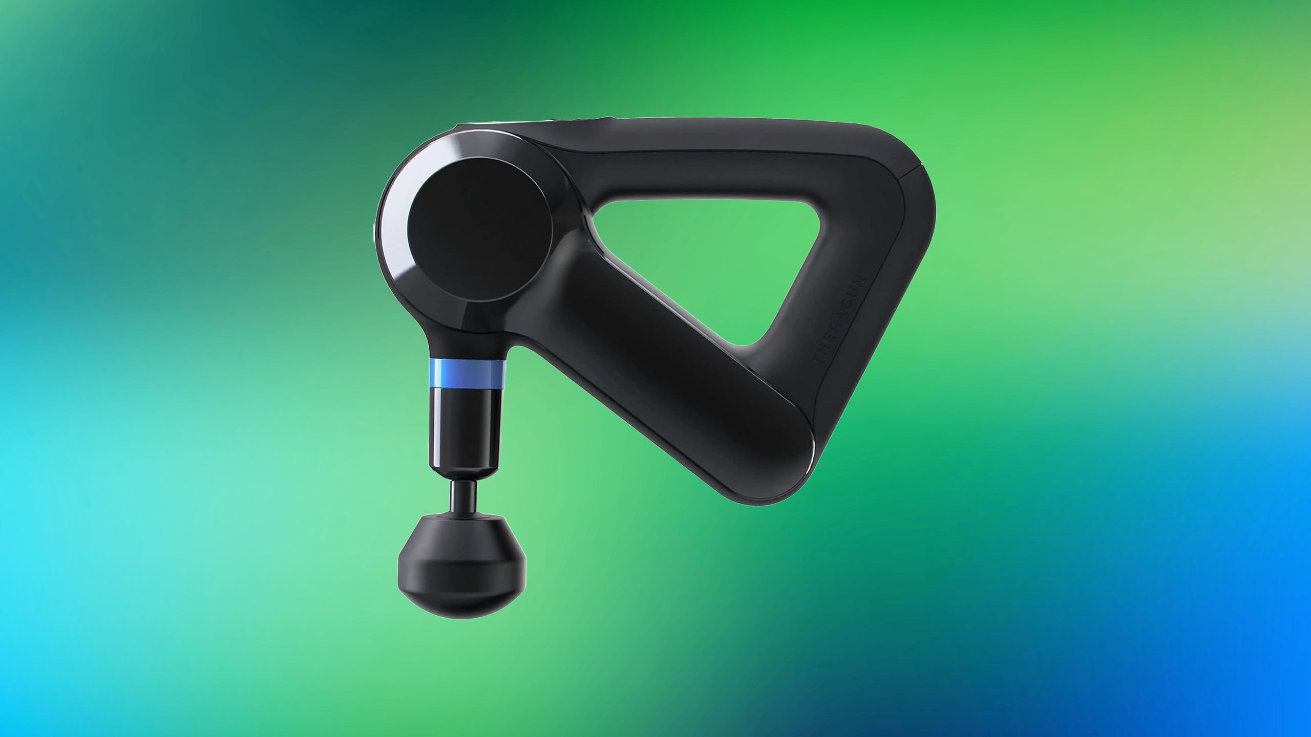 The Therabody Theragun Elise massage gun against a blue to green wavy gradient. 