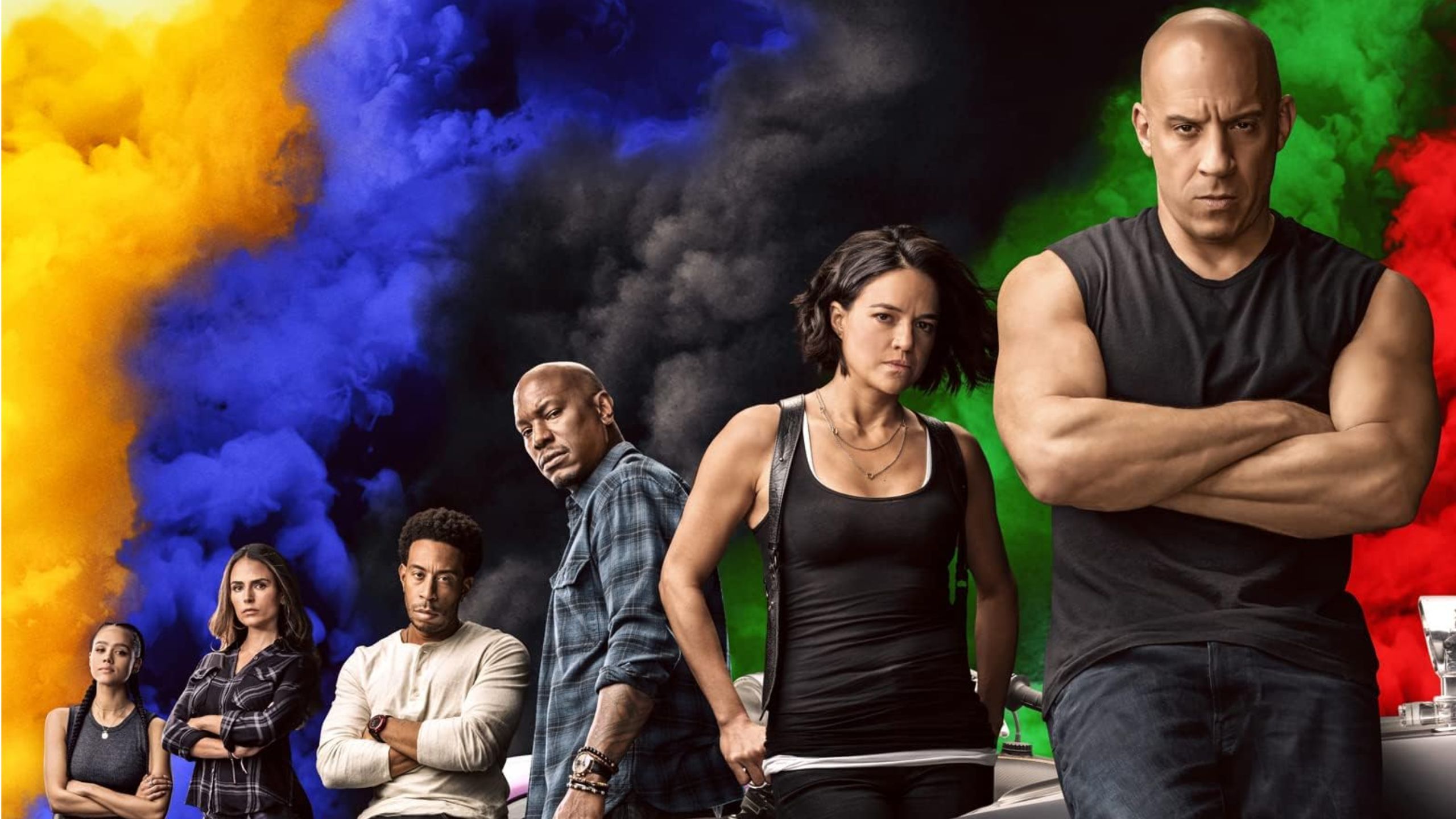 The fast and furious gang with colored smoke behind them.