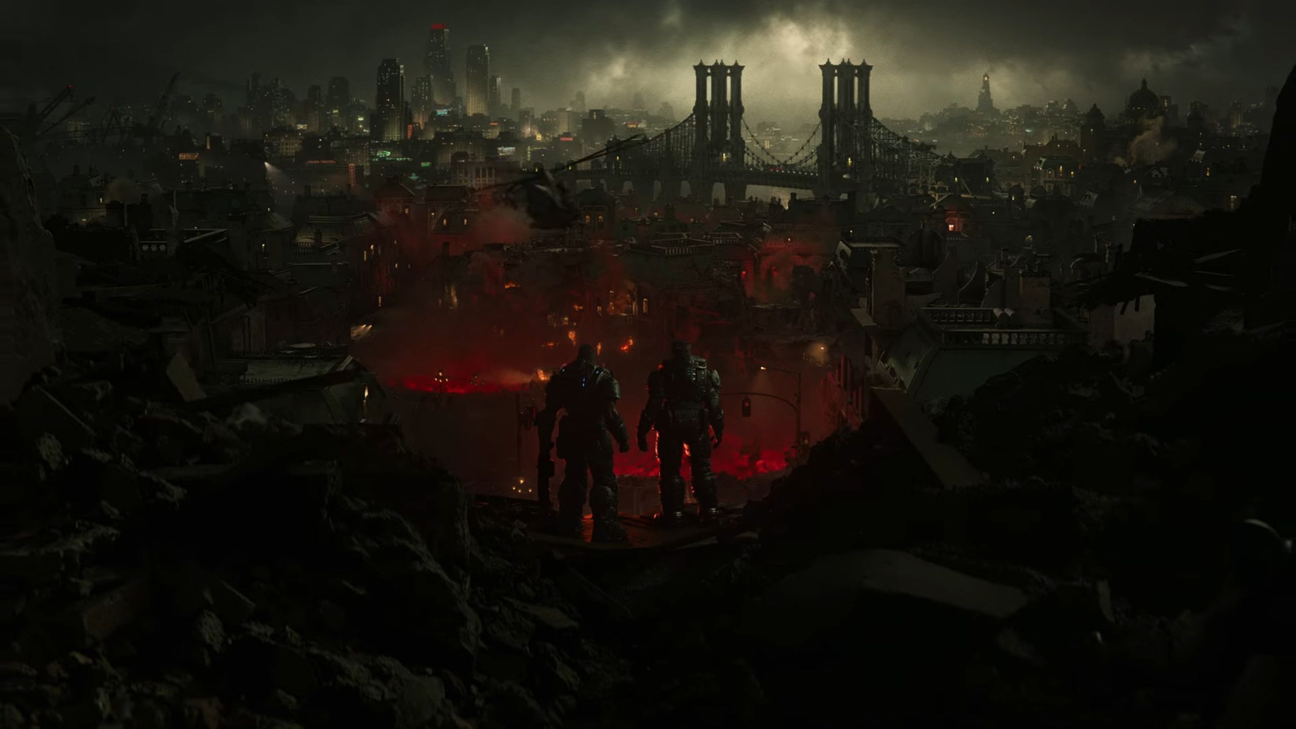 Marcus and Dom looking over a burning city.