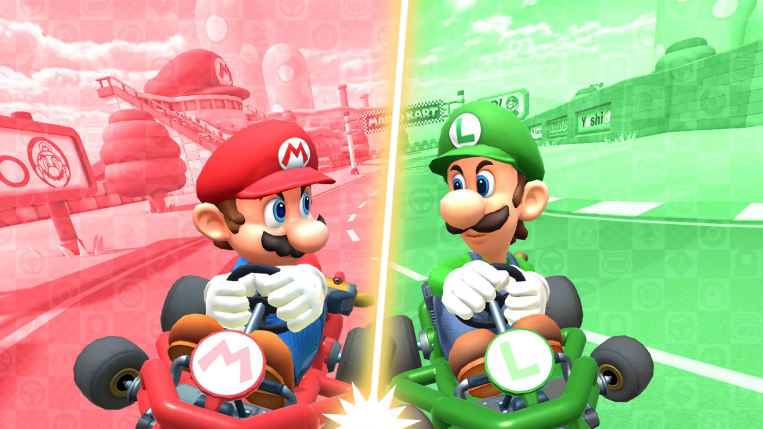 Mario and Luigi racing karts.