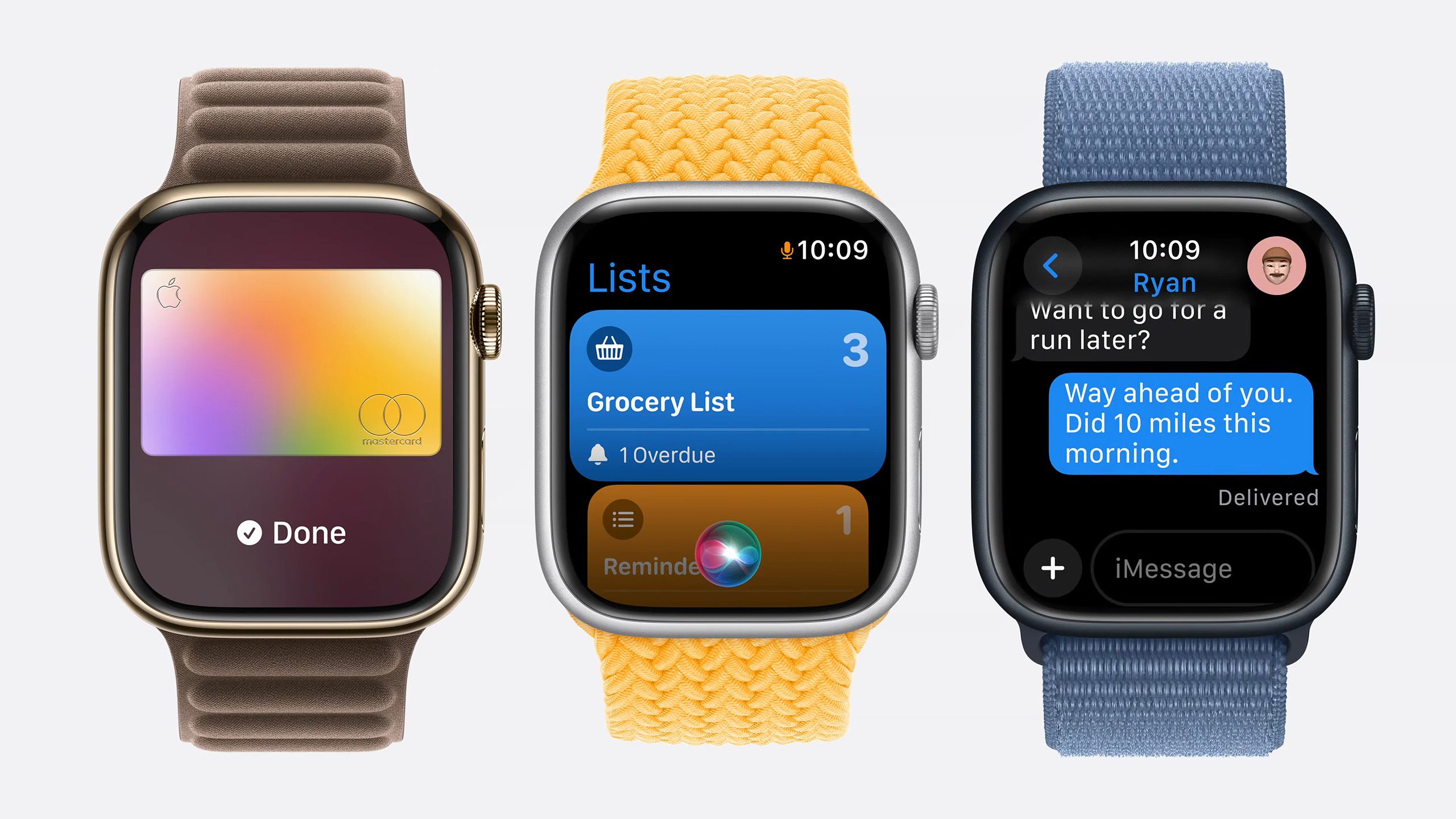 Three Apple Watches running watchOS 11.