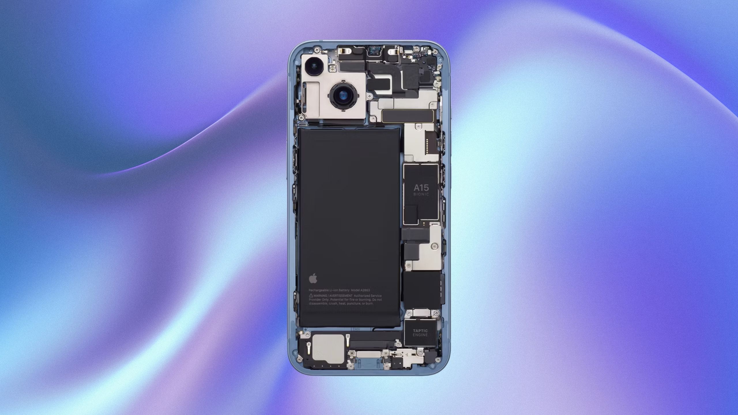 A blue iPhone without its rear glass, exposing its internal components. 