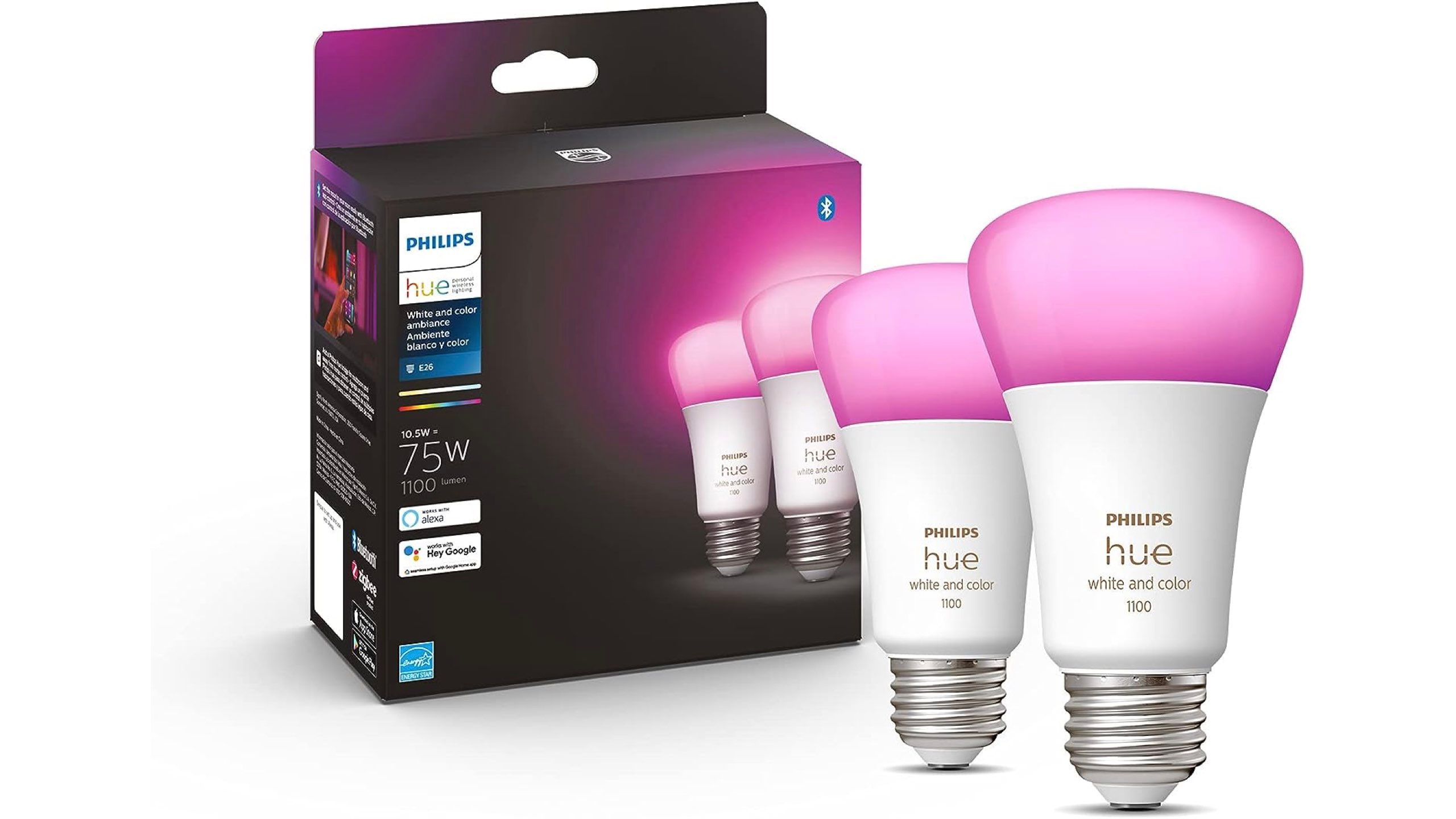 Dos bombillas Philips Hue de color púrpura.