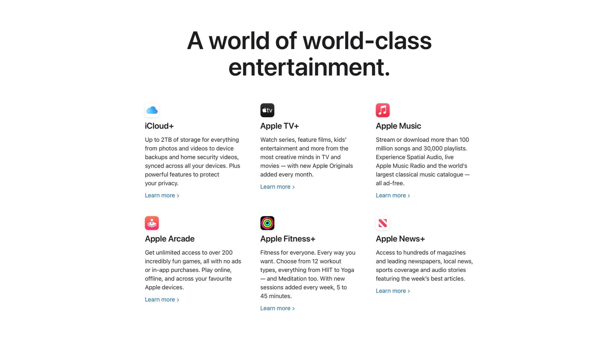 Details of six paid services on Apple's website. 