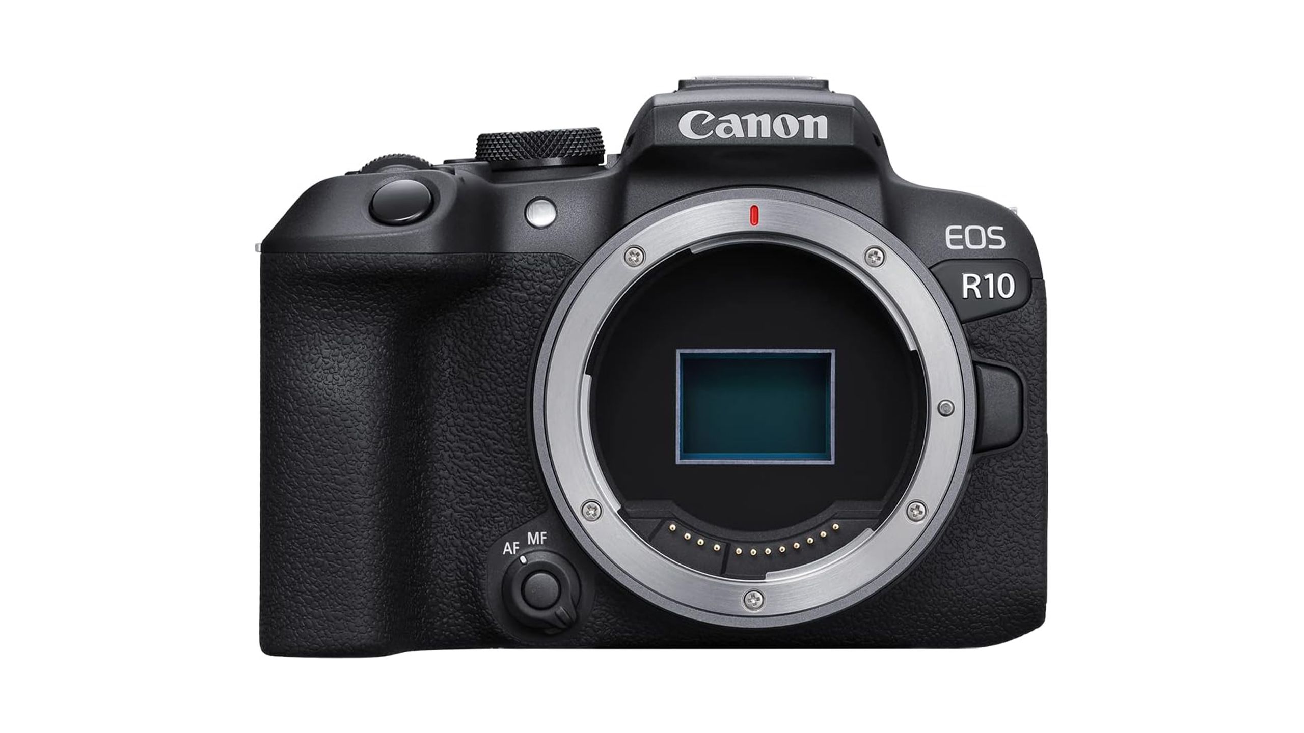 The Canon EOS R10 camera against a white background.