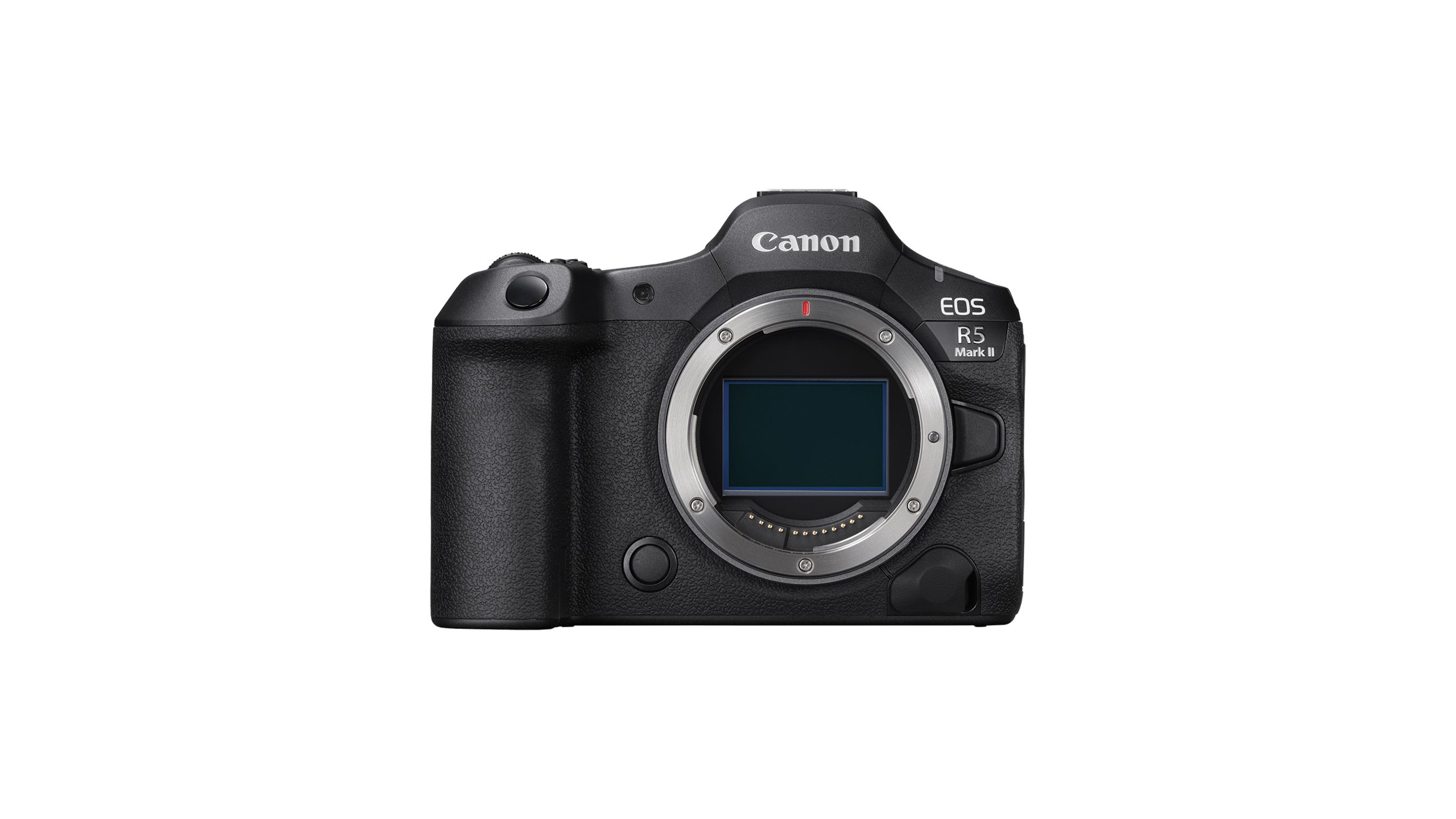 The Canon EOS R5 Mark II against a white background. 