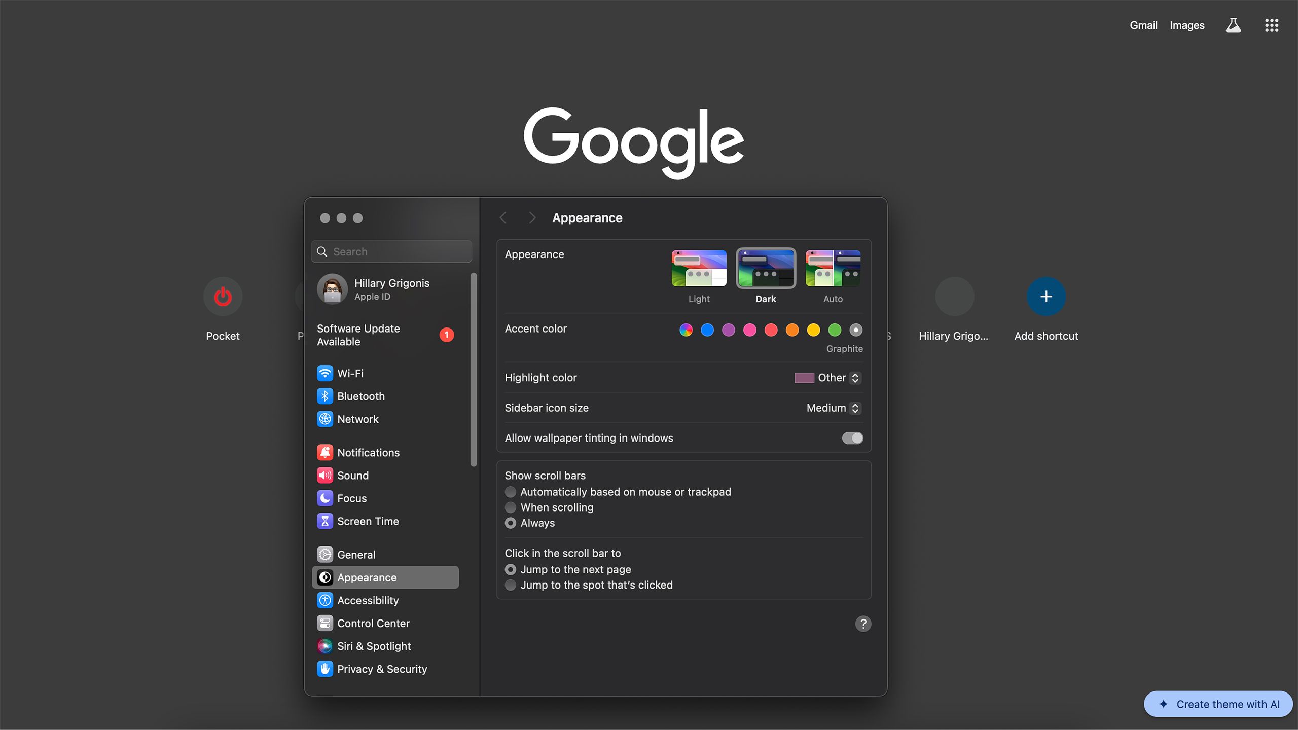 A screenshot of the process for turning on dark mode on Chrome