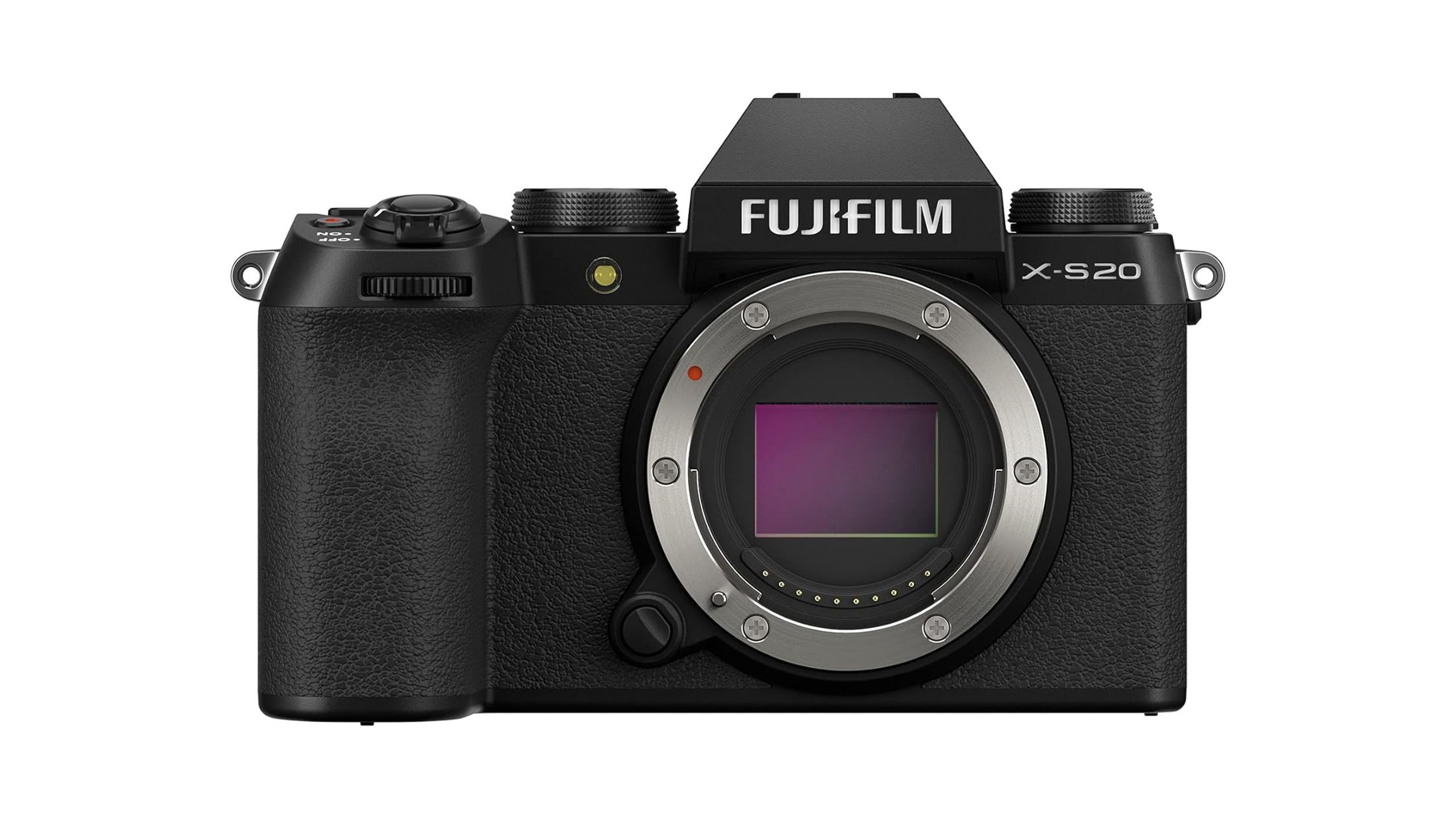 The Fujifilm X-S20 mirrorless camera against a white background. 