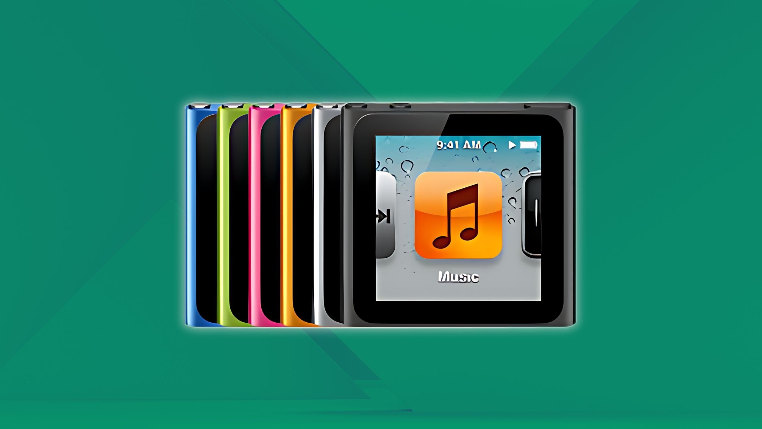 6th Generation iPod nanos in several colors against a green background. 