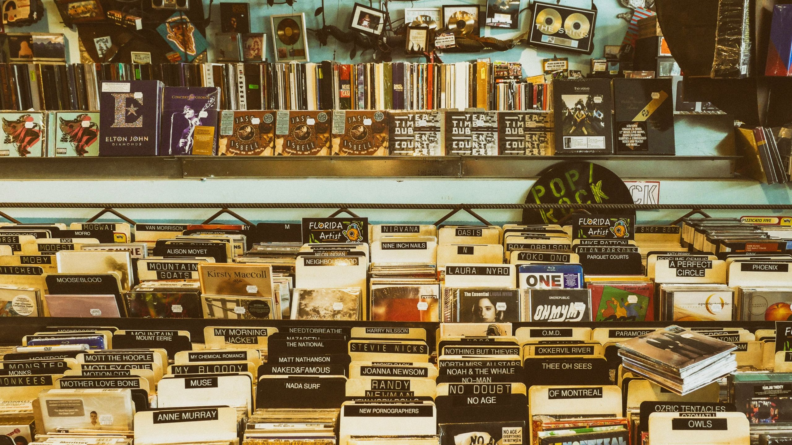 The walls are lined with CDs and records.