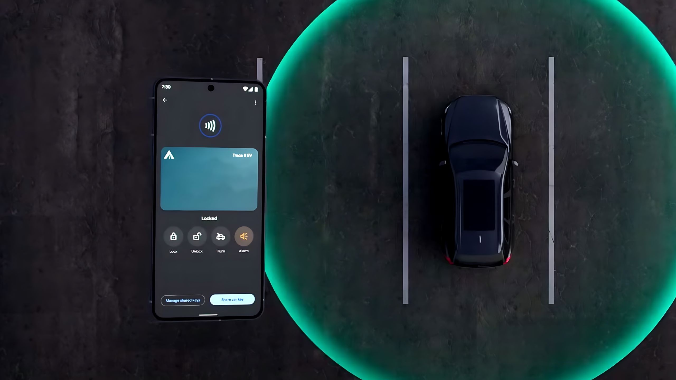 A render illustrating the connection between an Android car key and black SUV