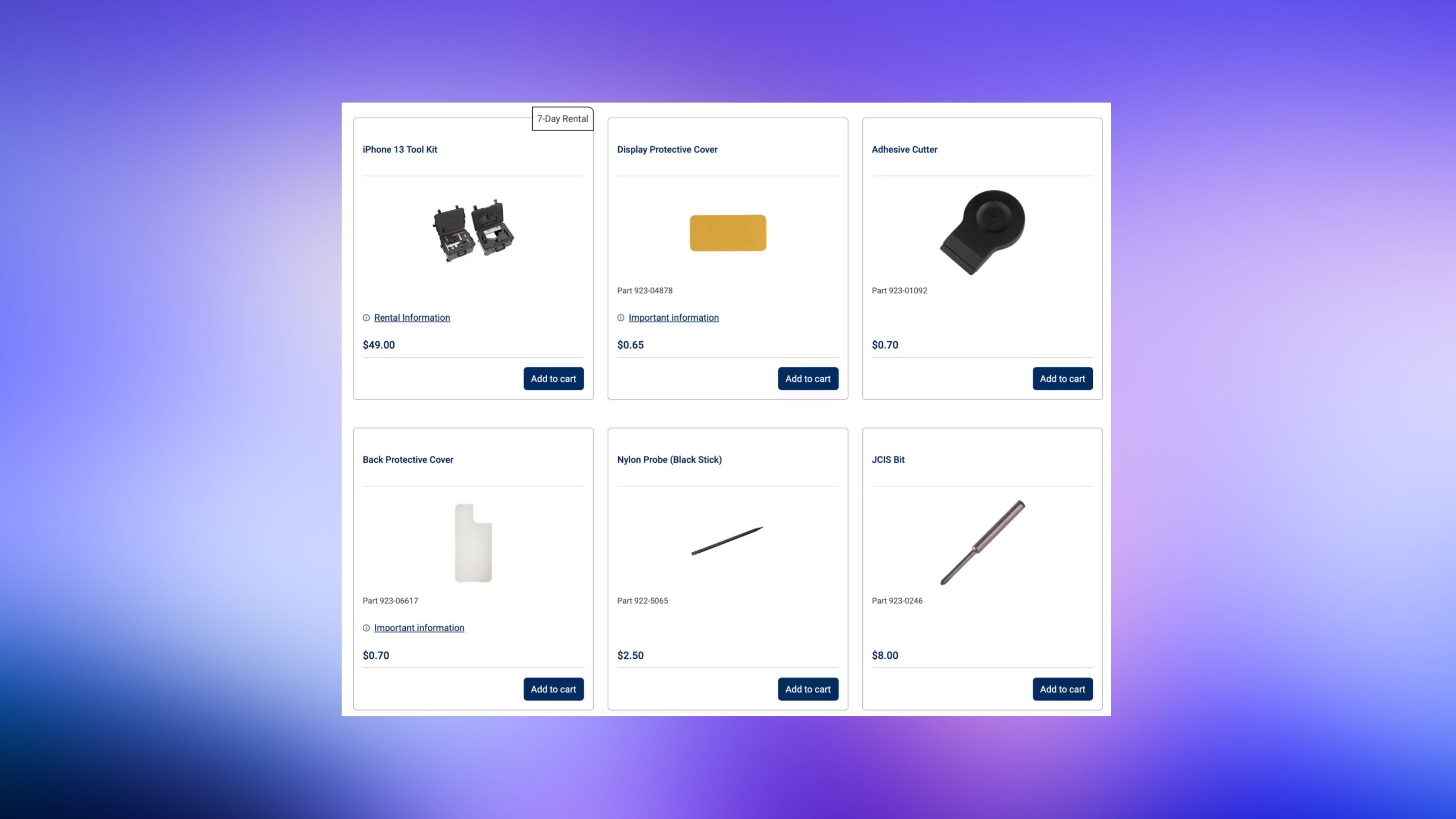 A screenshot of Apple self service repair tools. 