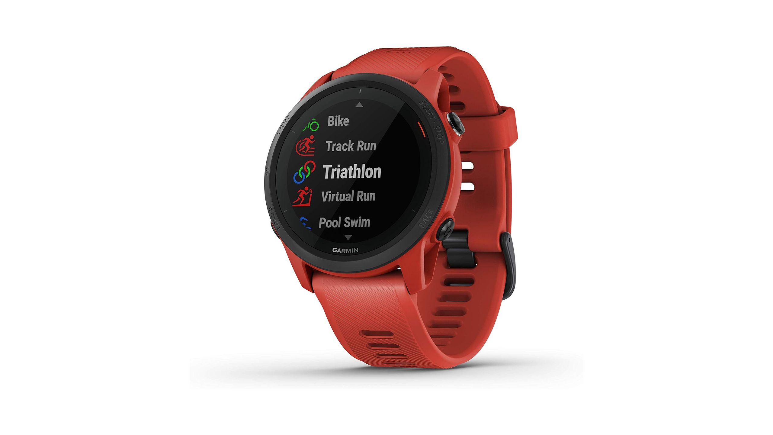 The red Garmin Forerunner 745 against a white background. 