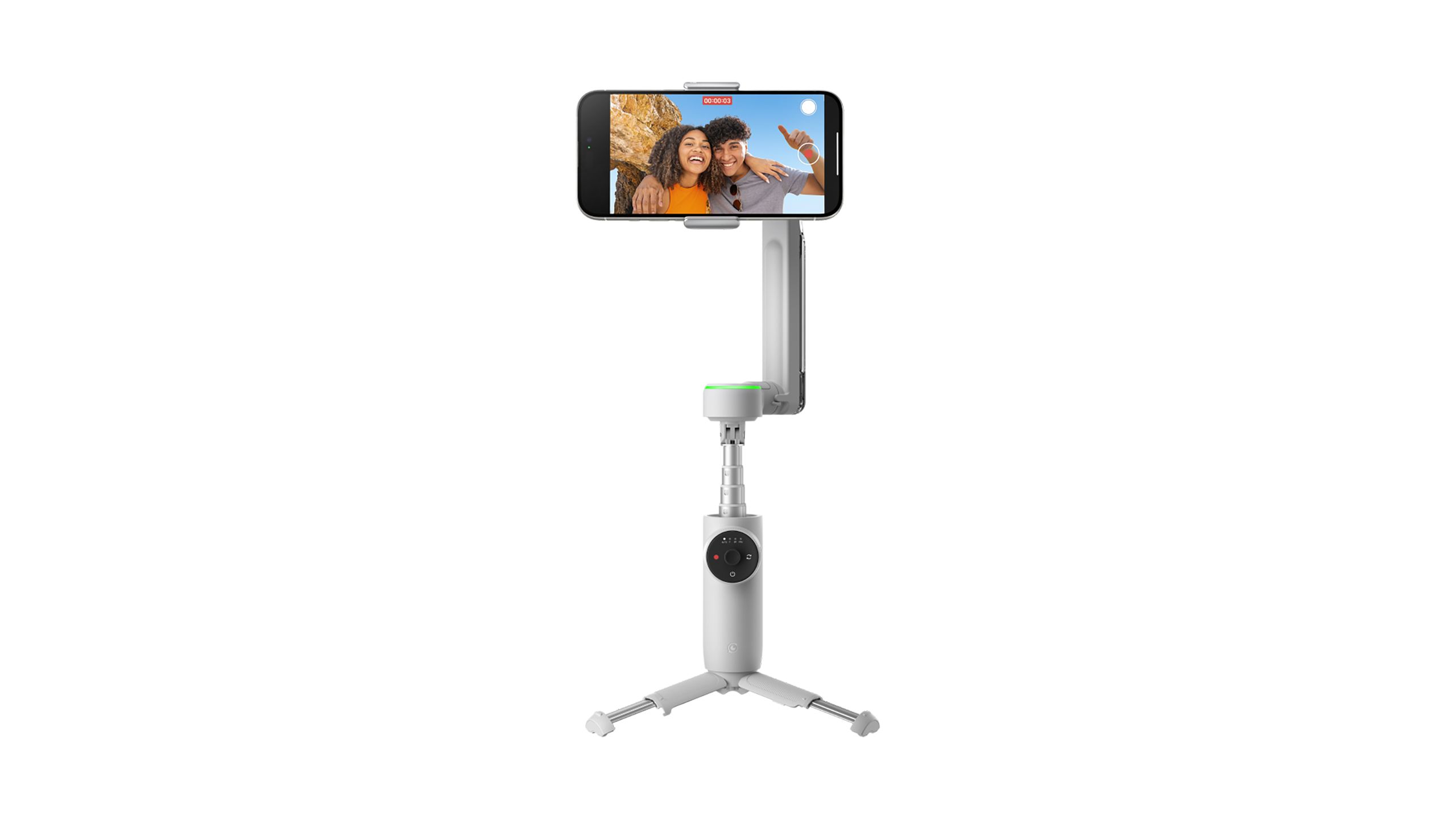 The Insta360 Flow Pro gimbal with an iPhone attached and displaying two people on the screen. 