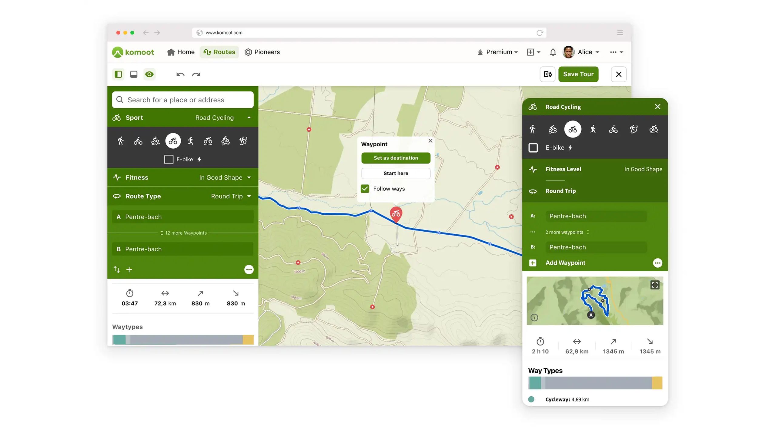 A screenshot of a map on a desktop browser and a mobile app with Komoot. 