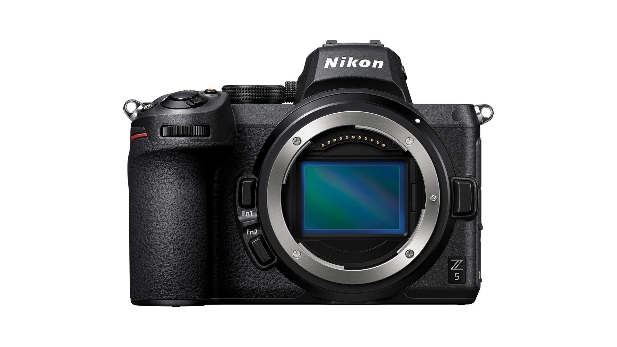 The Nikon Z5 mirrorless camera against a white background. 