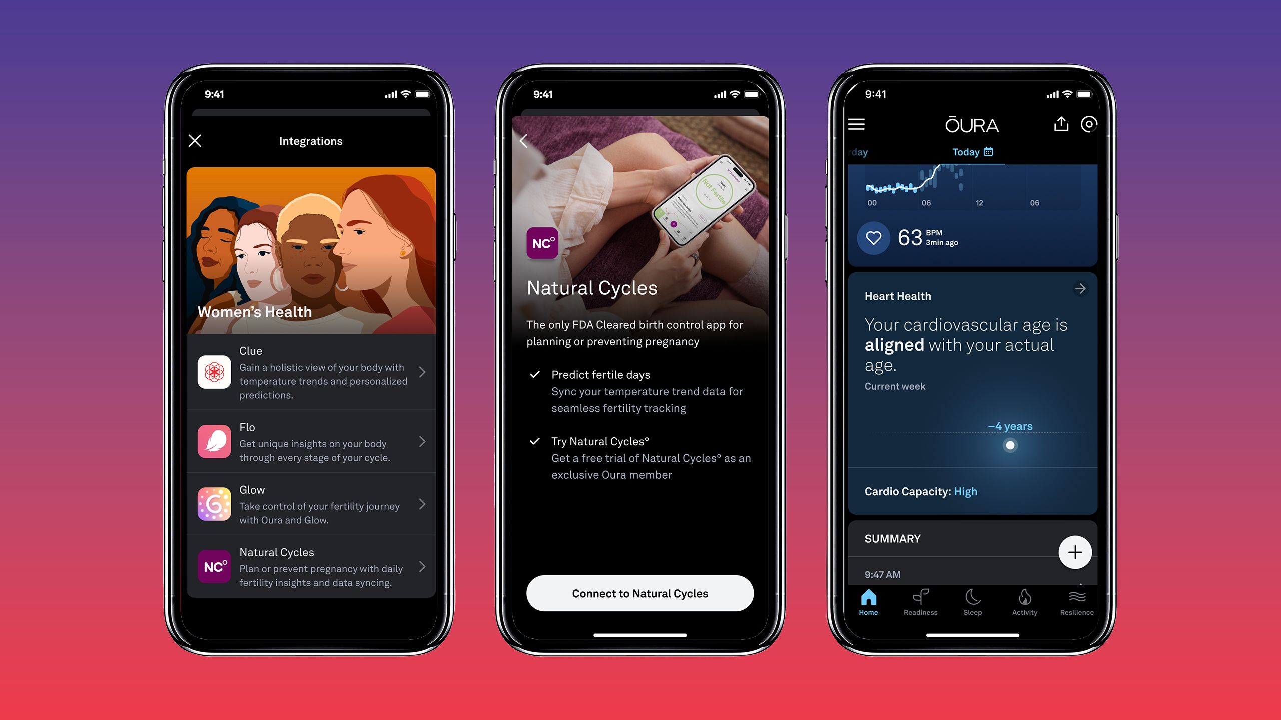 Three mockup phone displays with Oura features against a purple to red gradient background.