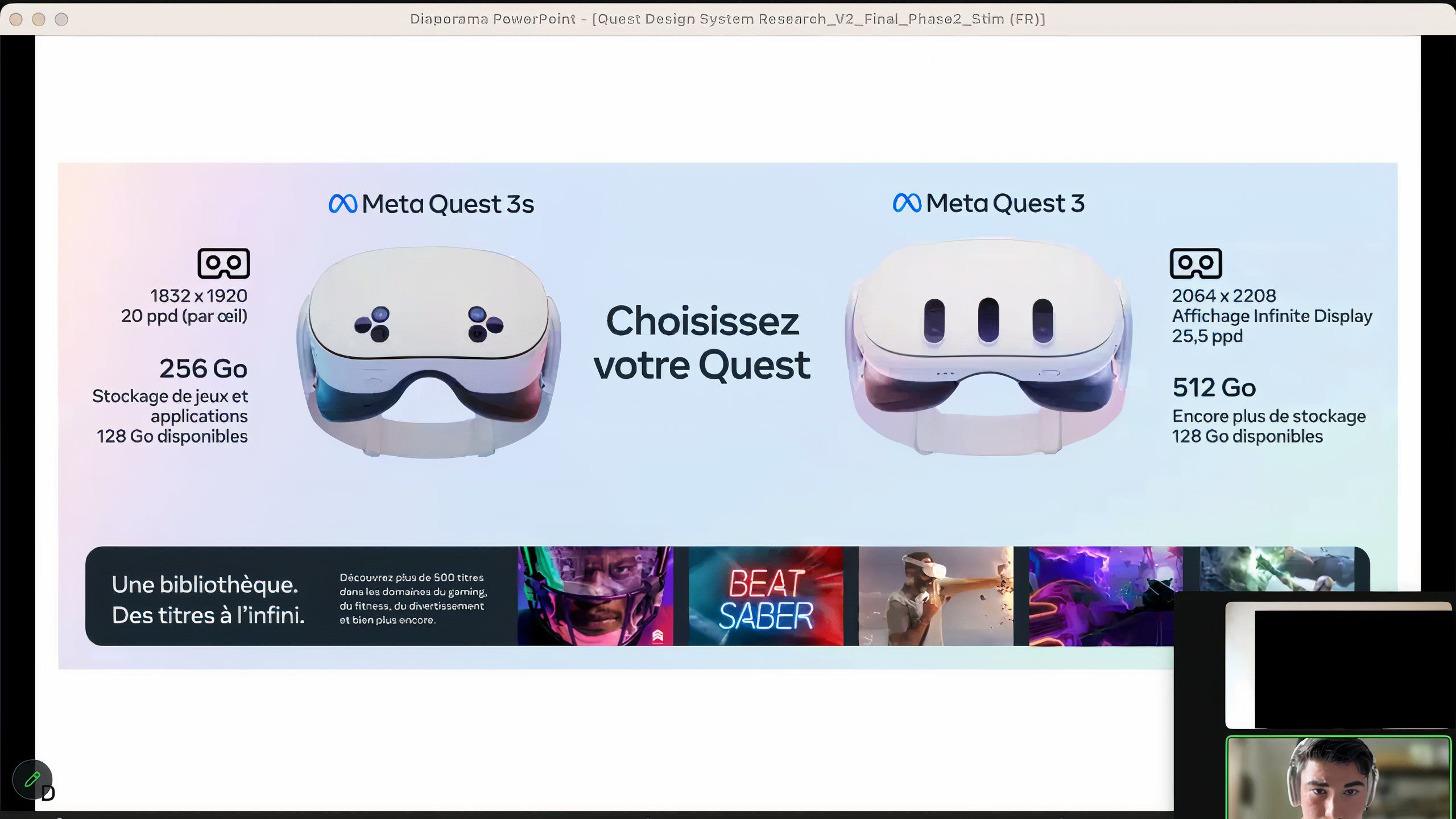 A slide showing specs and a picture of the Quest 3S next to the Quest 3.