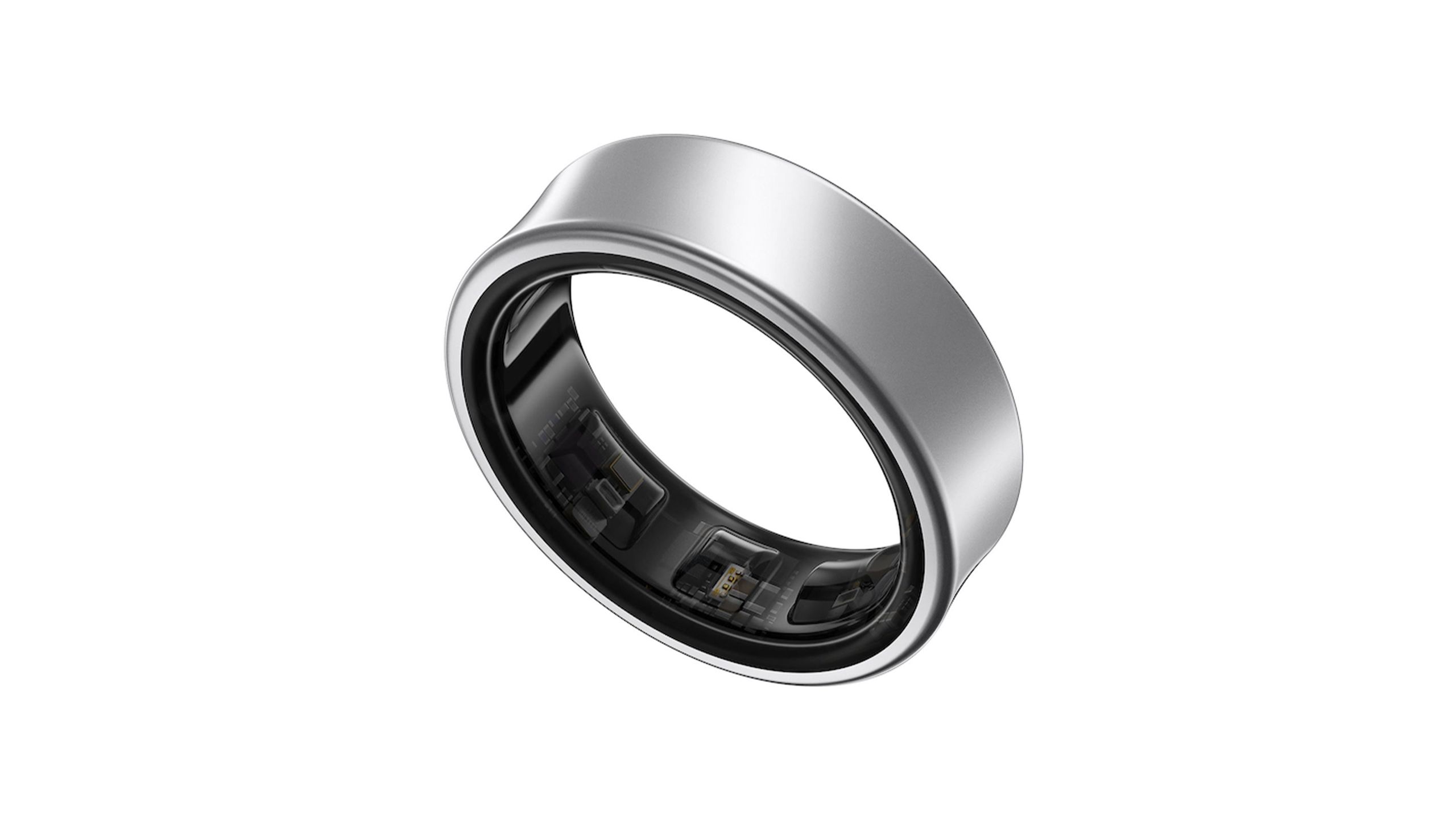 The titanium silver Samsung Galaxy Ring against a white background. 