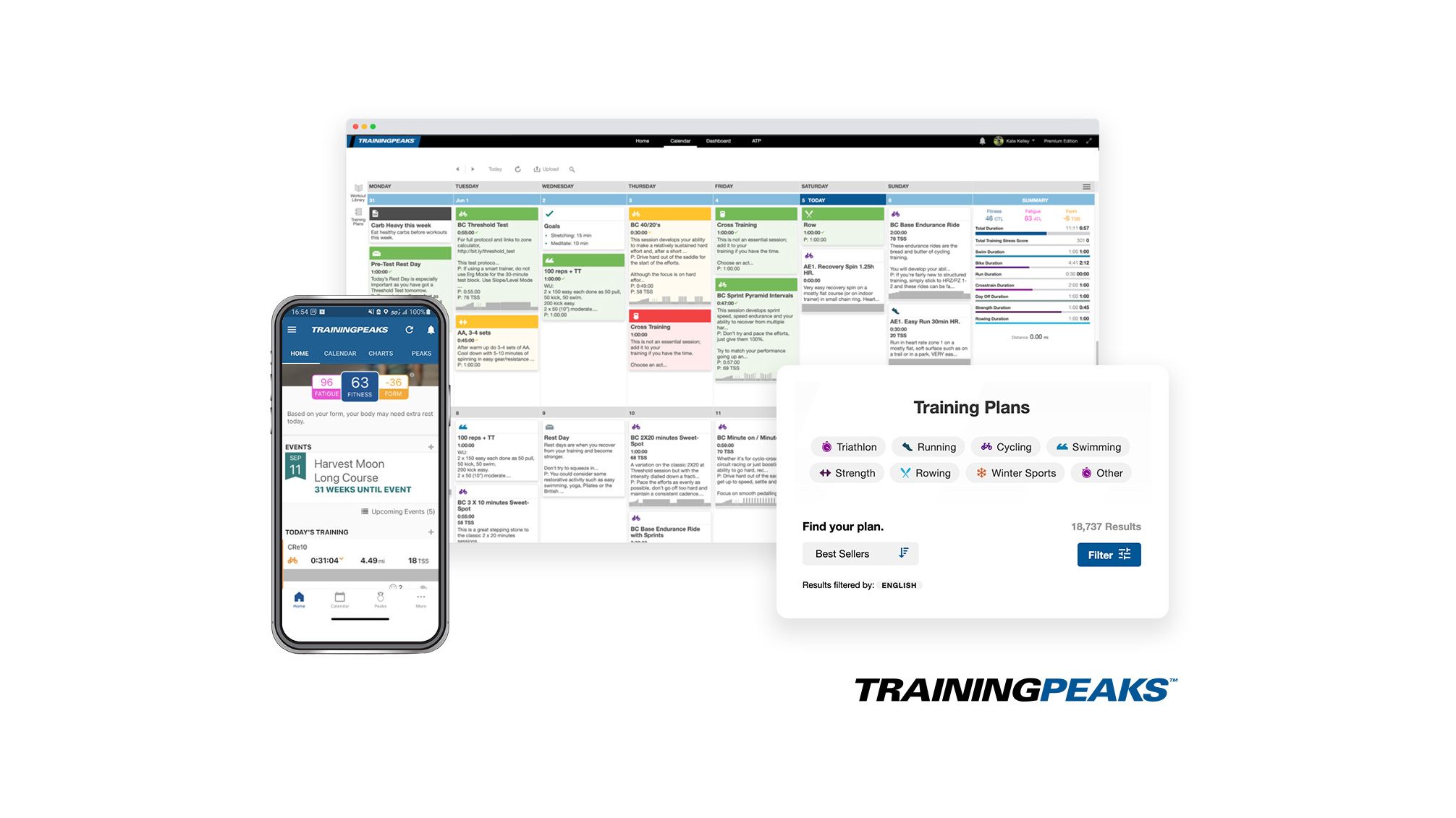 Screenshots of the TrainingPeaks platform against a white background. 