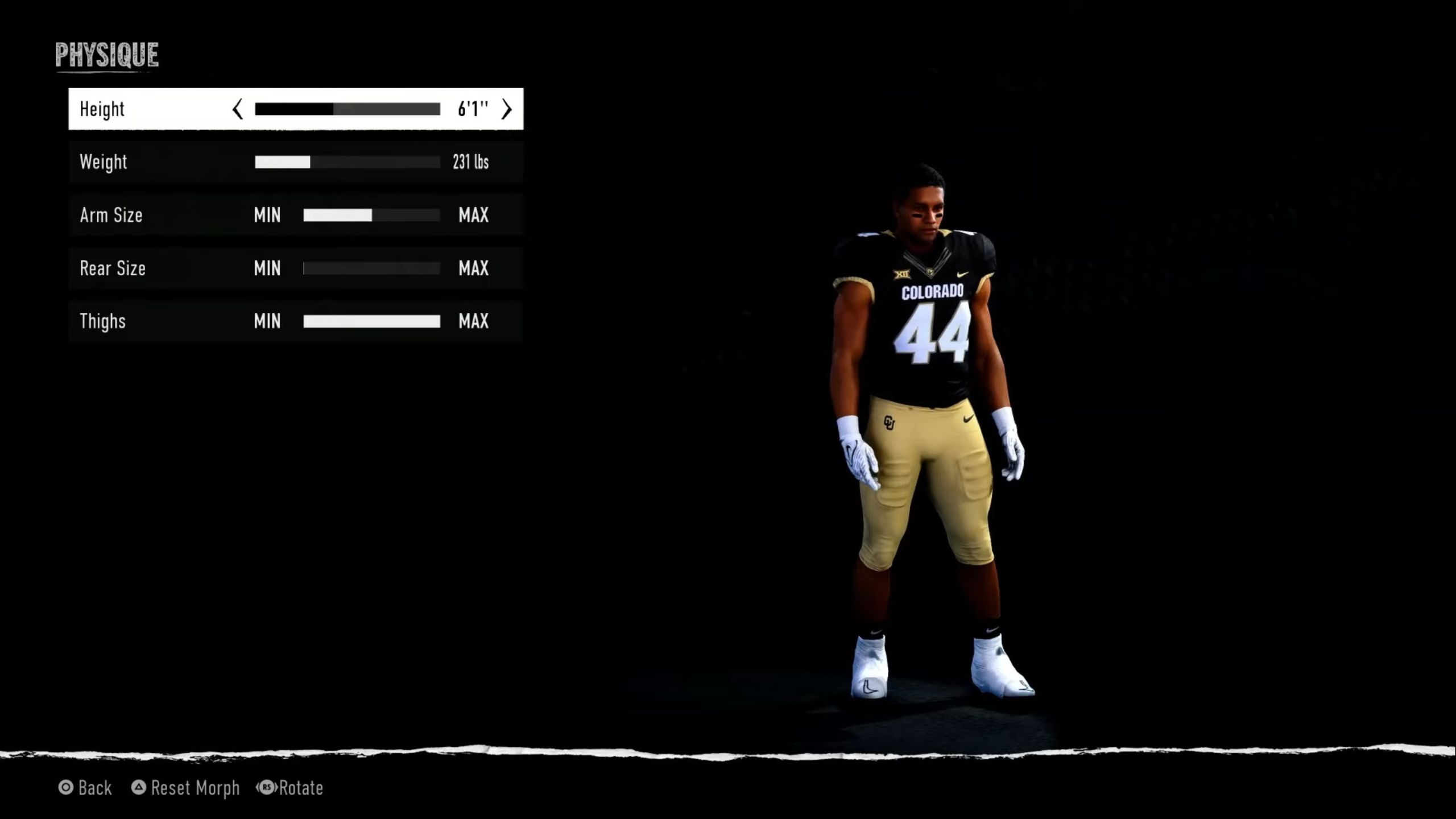 The player editor menu in NCAA College Football 25.