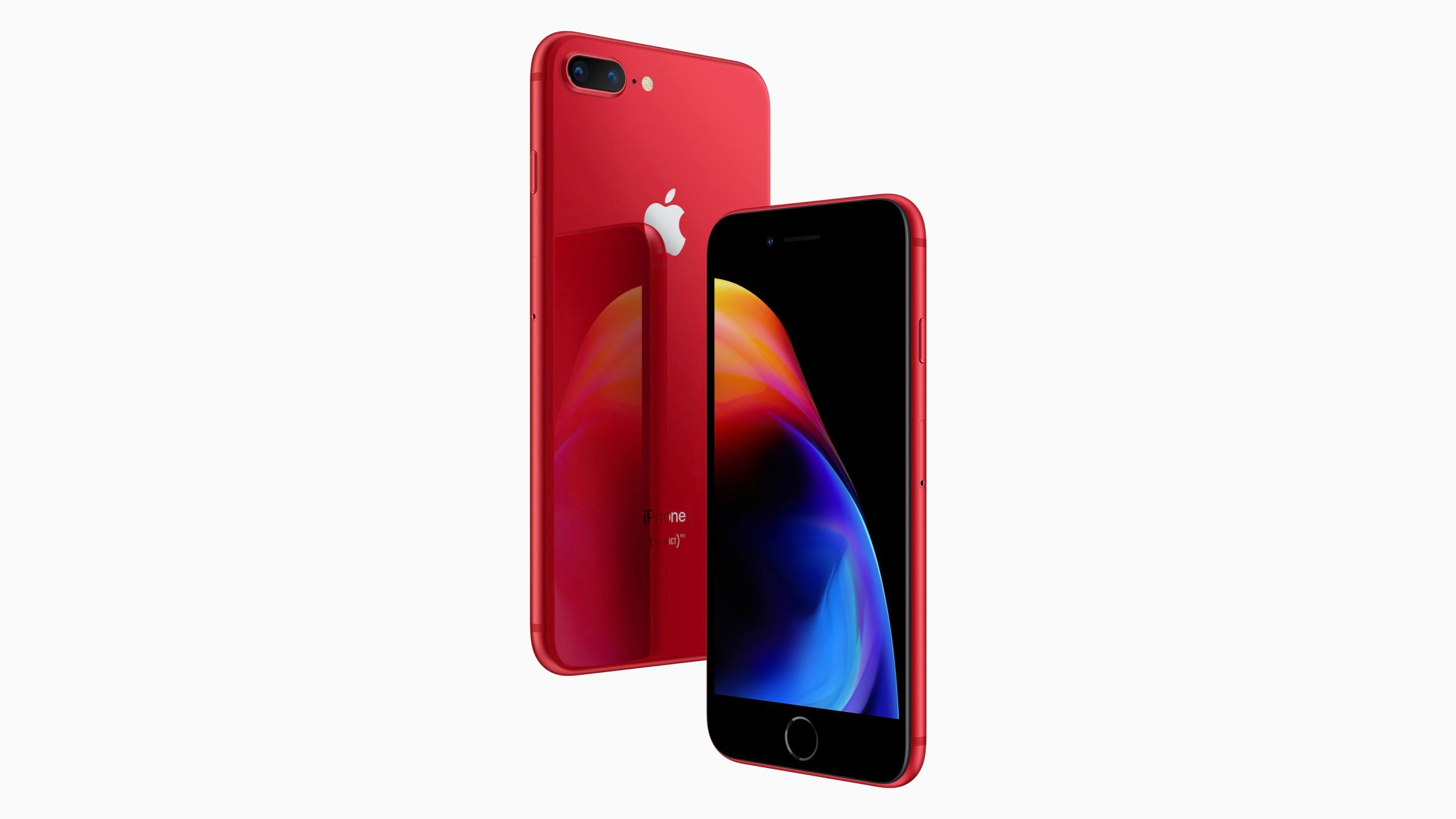 An Apple marketing image of a product (RED) iPhone 8 and 8 Plus. 