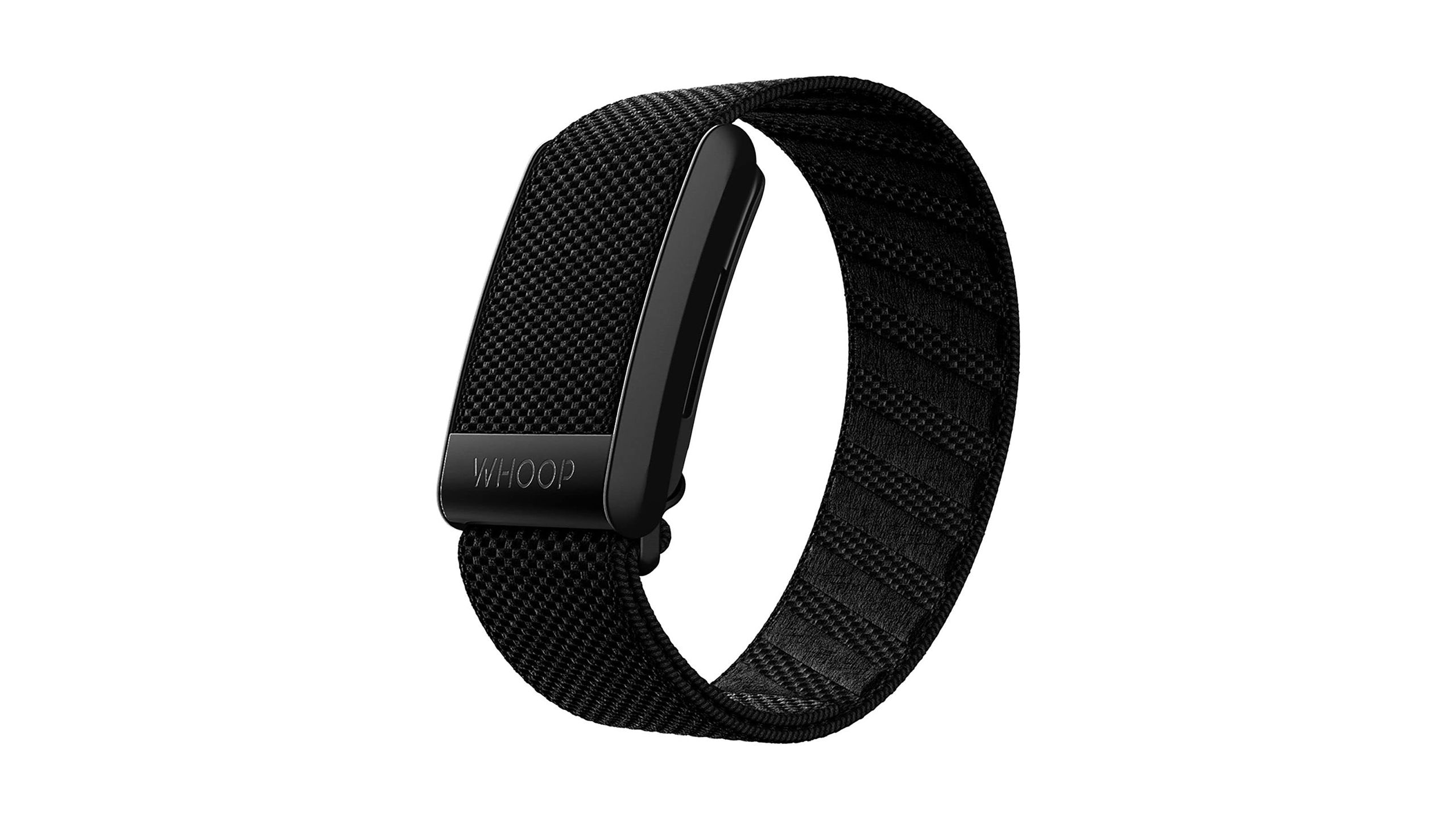 The black Whoop 4.0 fitness tracker against a white background. 