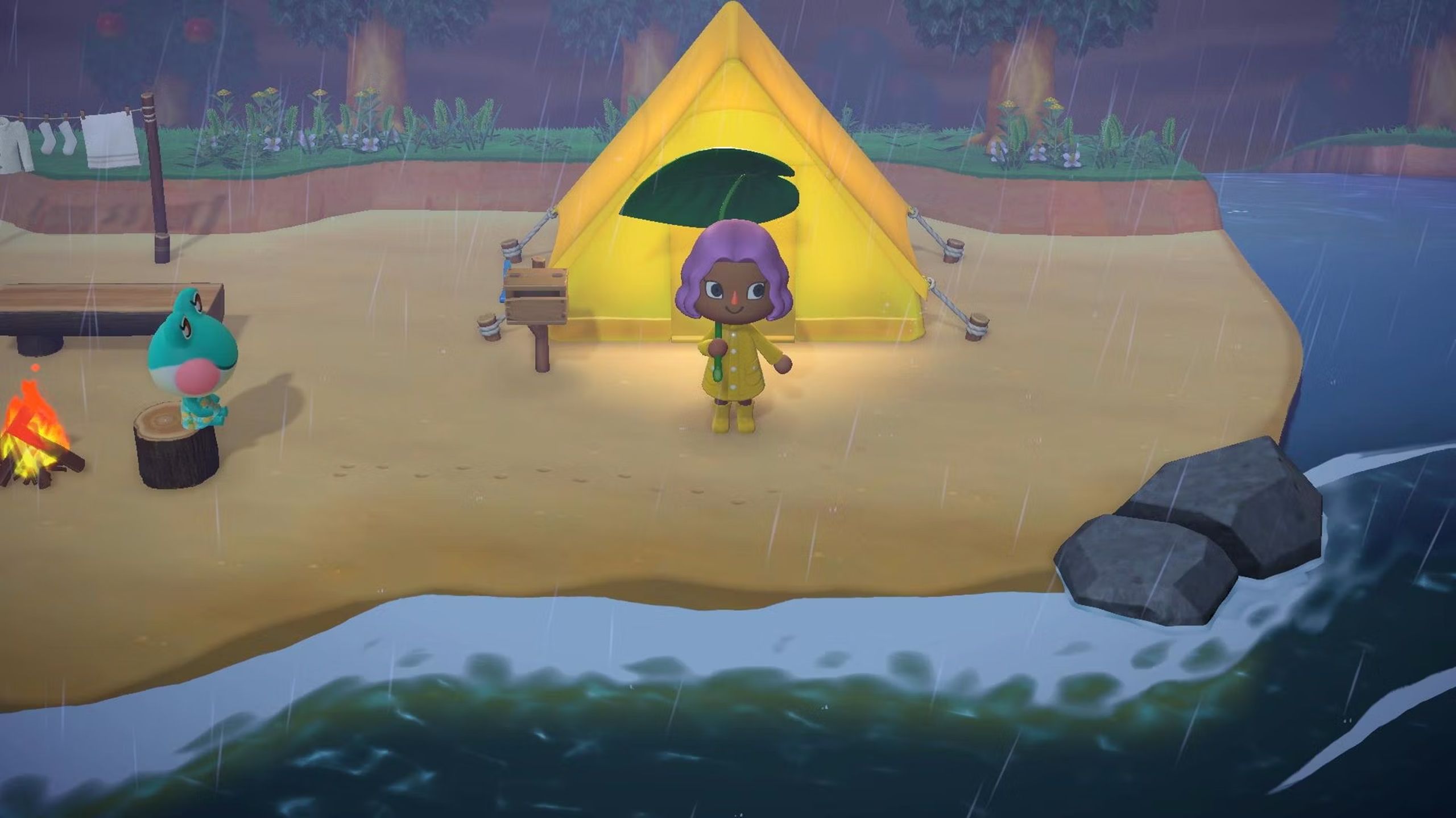 A character outside a tent in the rain in Animal Crossing New Horizons