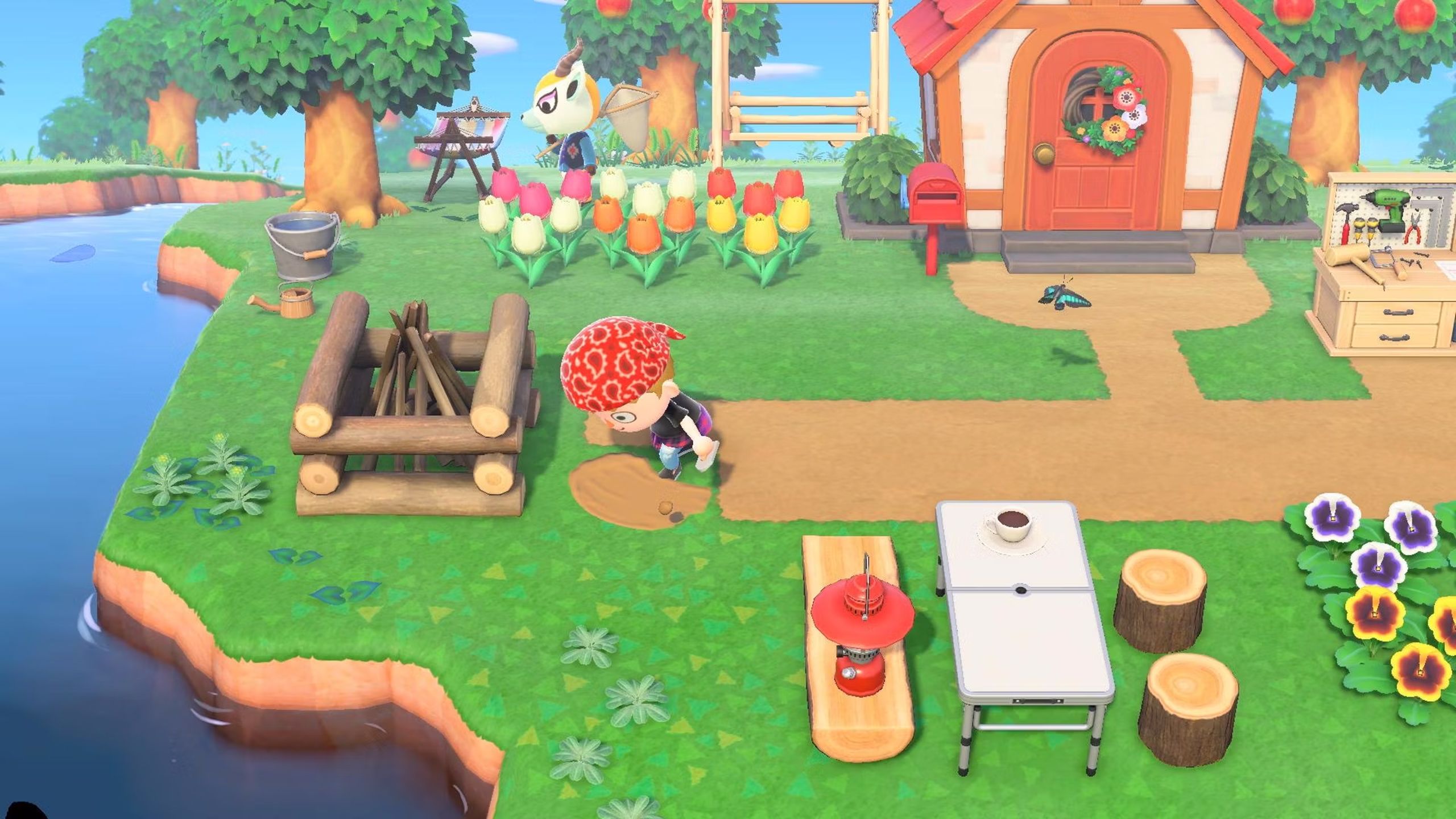 A character standing by an unlit fire in Animal Crossing New Horizons