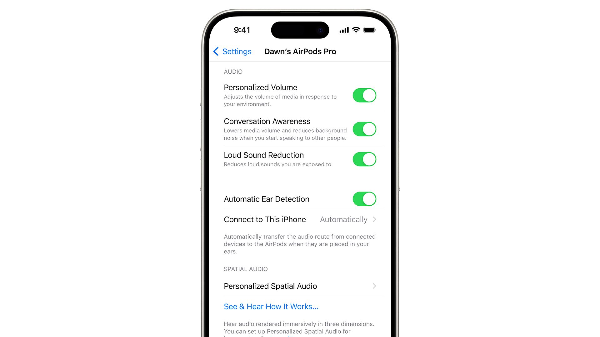 Different settings for AirPods Pro on iPhone.