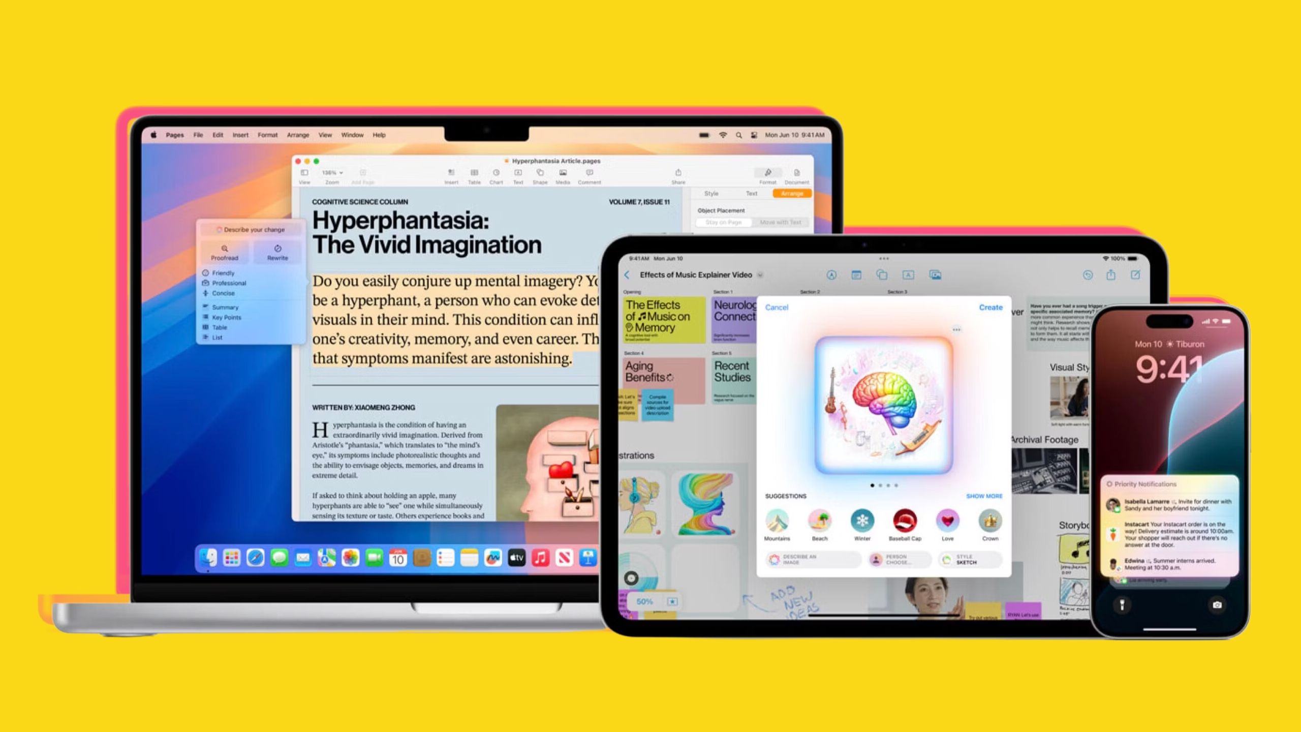 Apple Intelligence no Mac, iPad e iPhone em um fundo colorido