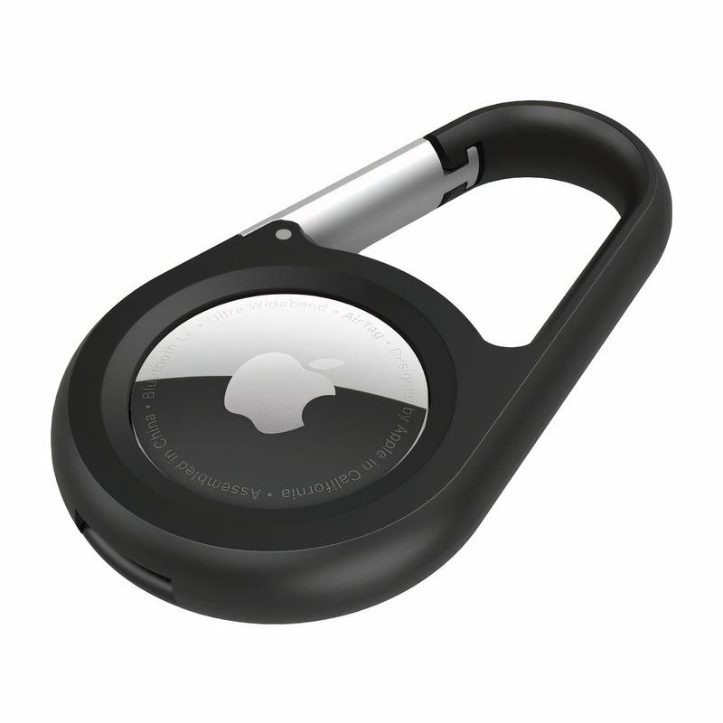 A black carabiner with an AirTag inside.