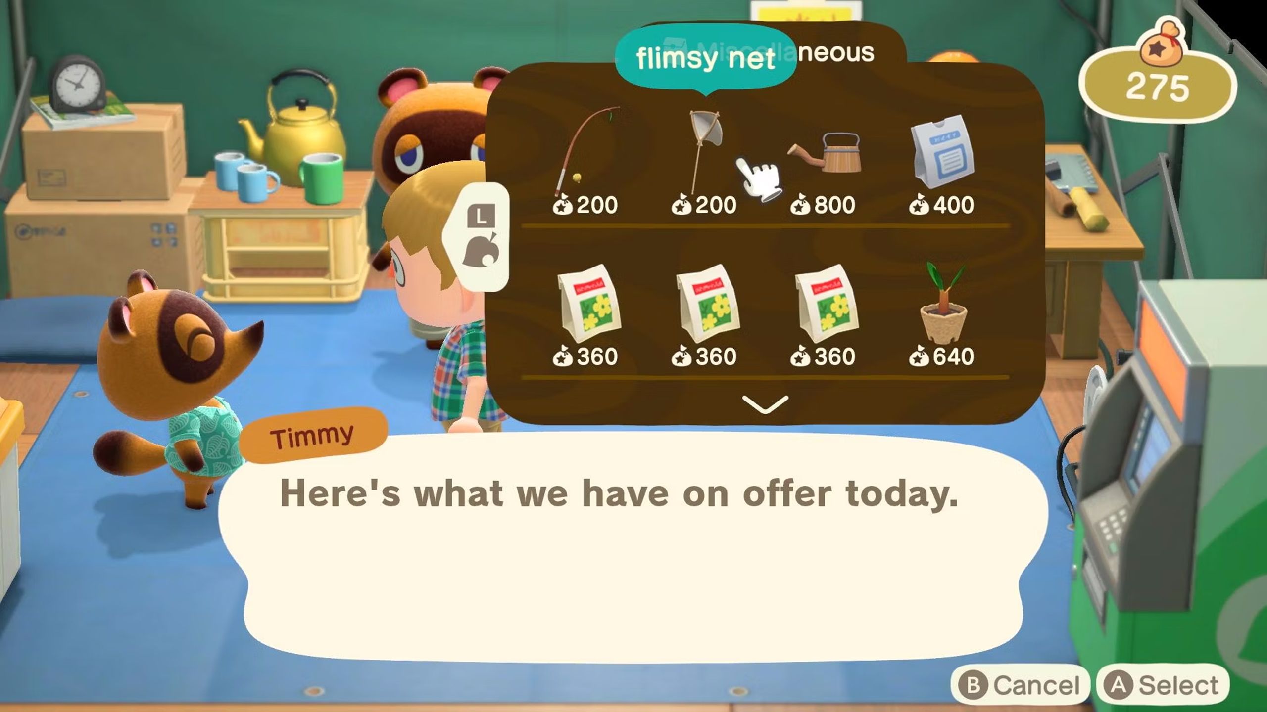 Buying a flimsy net in Animal Crossing New Horizons