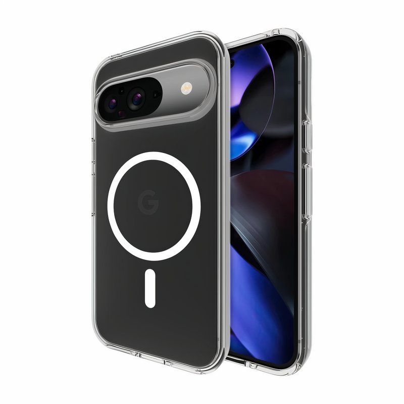 Two clear plastic cases with magnetic rings wrap around the back and front of the Pixel 9.