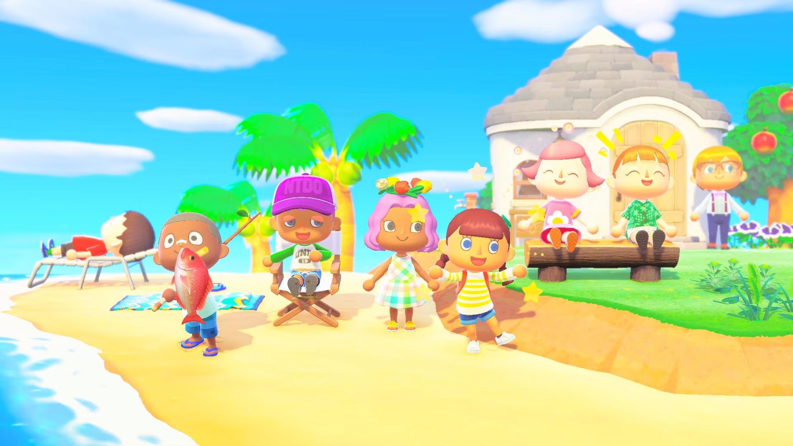 Characters on the beach in Animal Crossing New Horizons