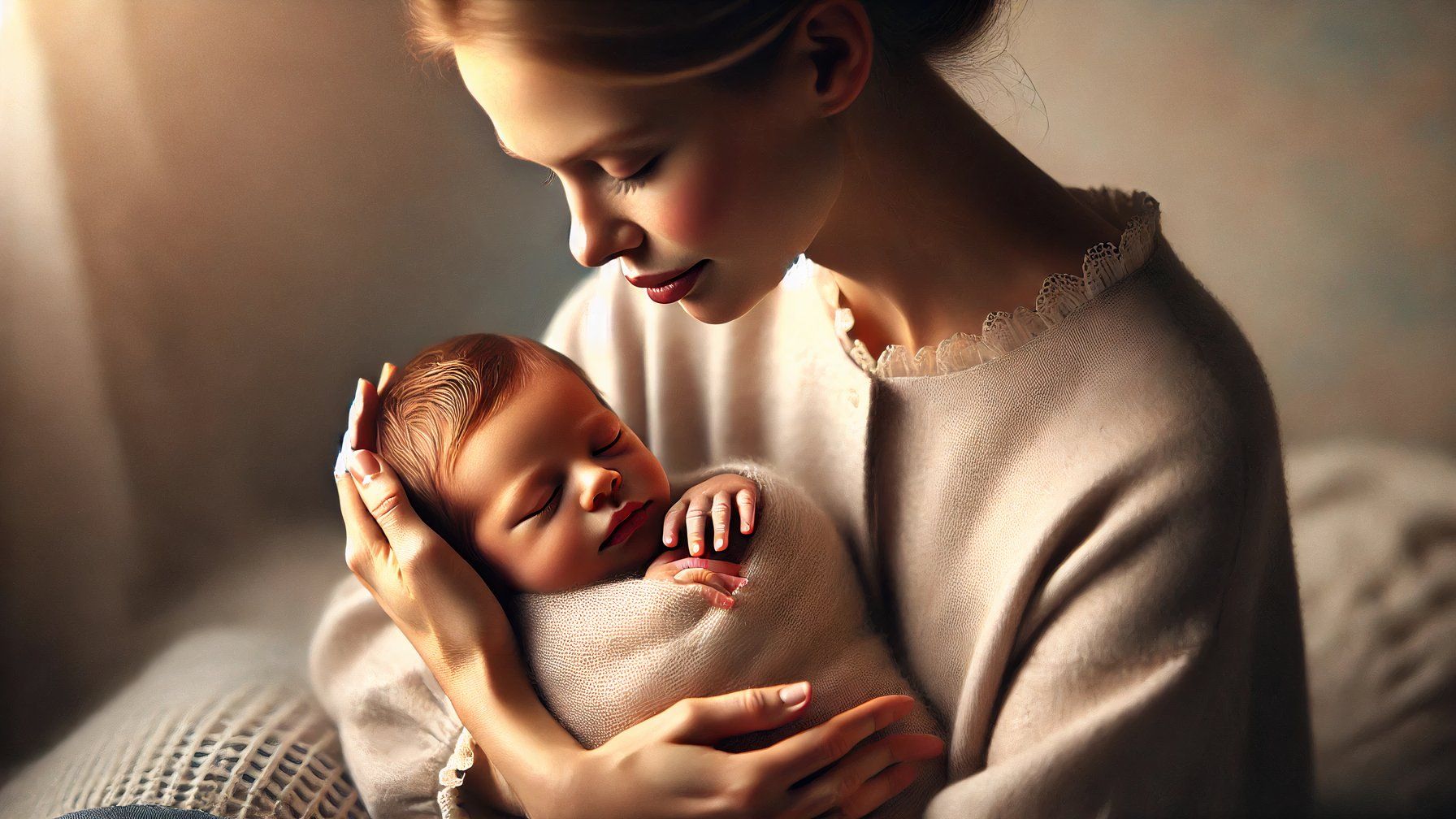 A realistic and tender photo generated by DALL-E of a mother holding her newborn baby in her arms. The mother holds her baby tenderly, supporting his head and body.