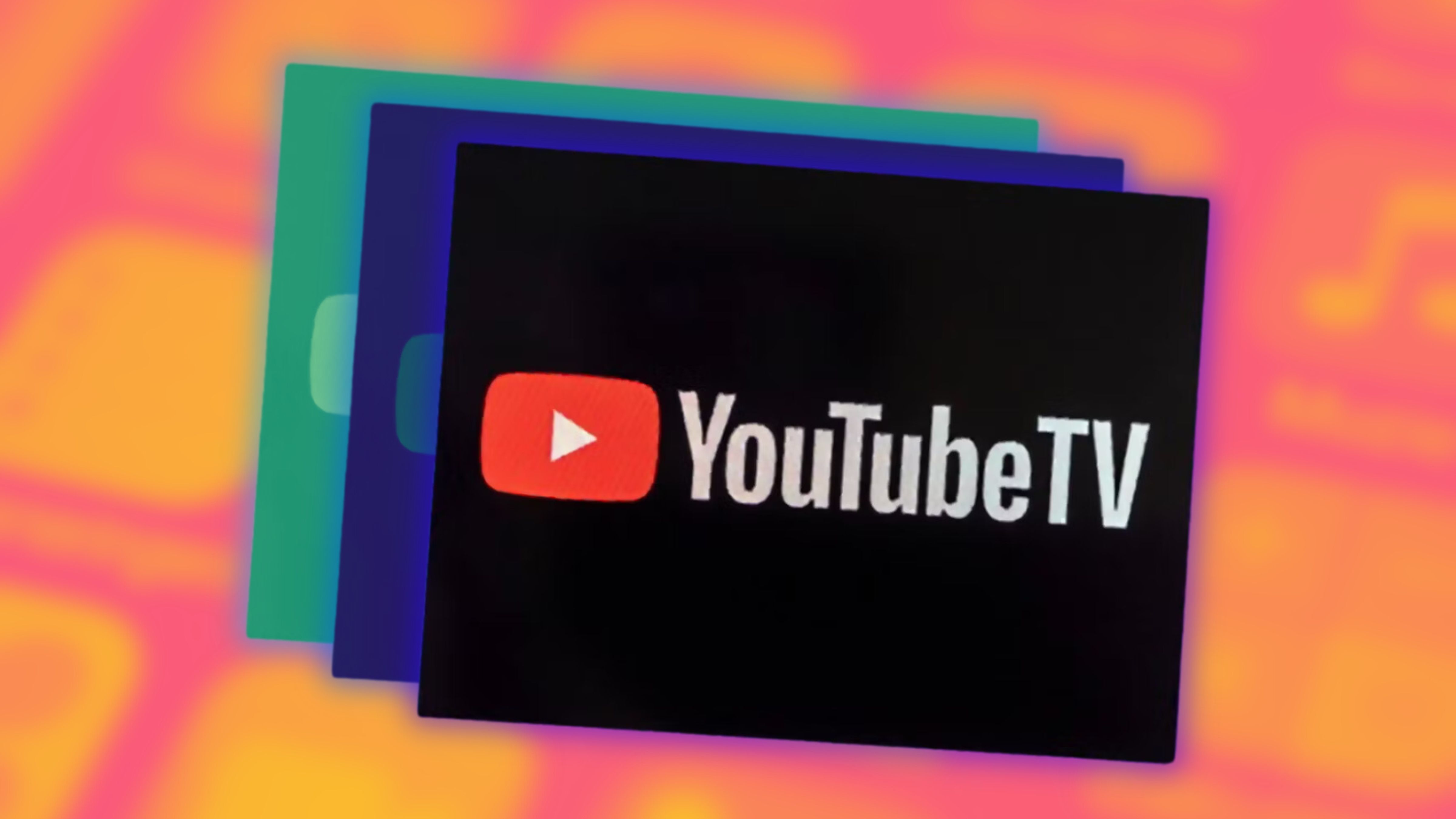 YouTube TV em frente a uma tela preta com aplicativos borrados. 