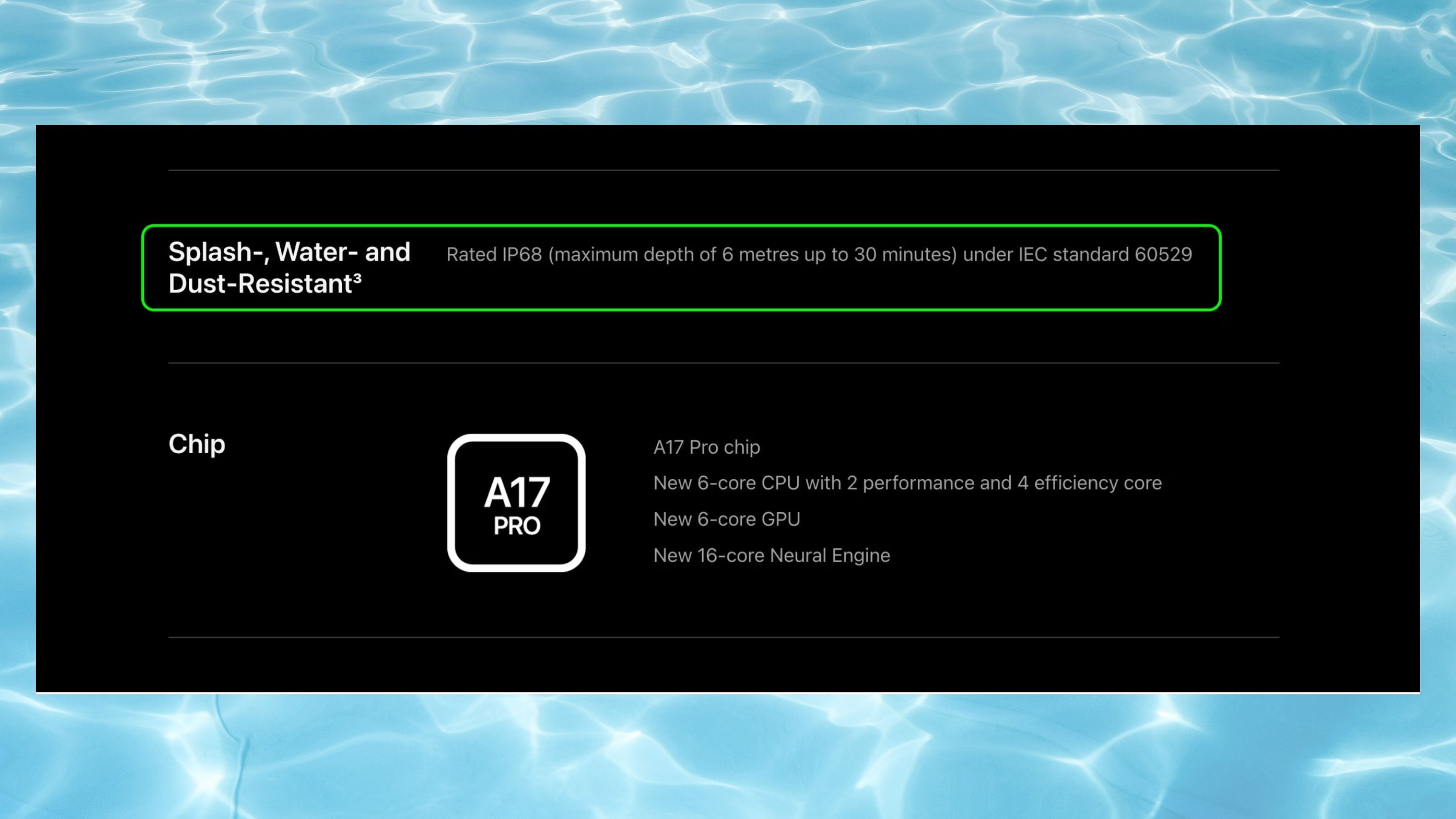 iPhone 15-Pro water resistance spec sheet