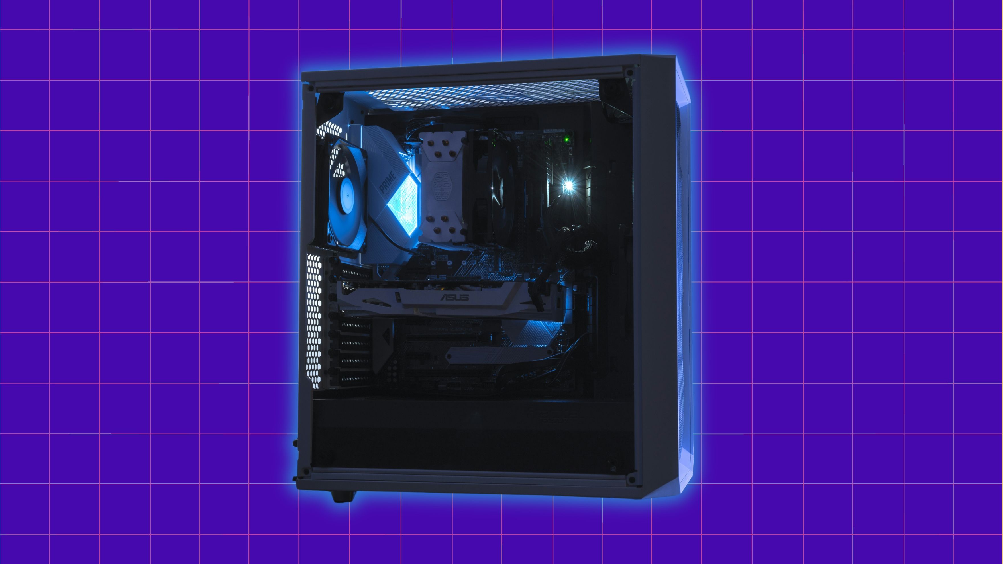 A computer with a blue light against a grid