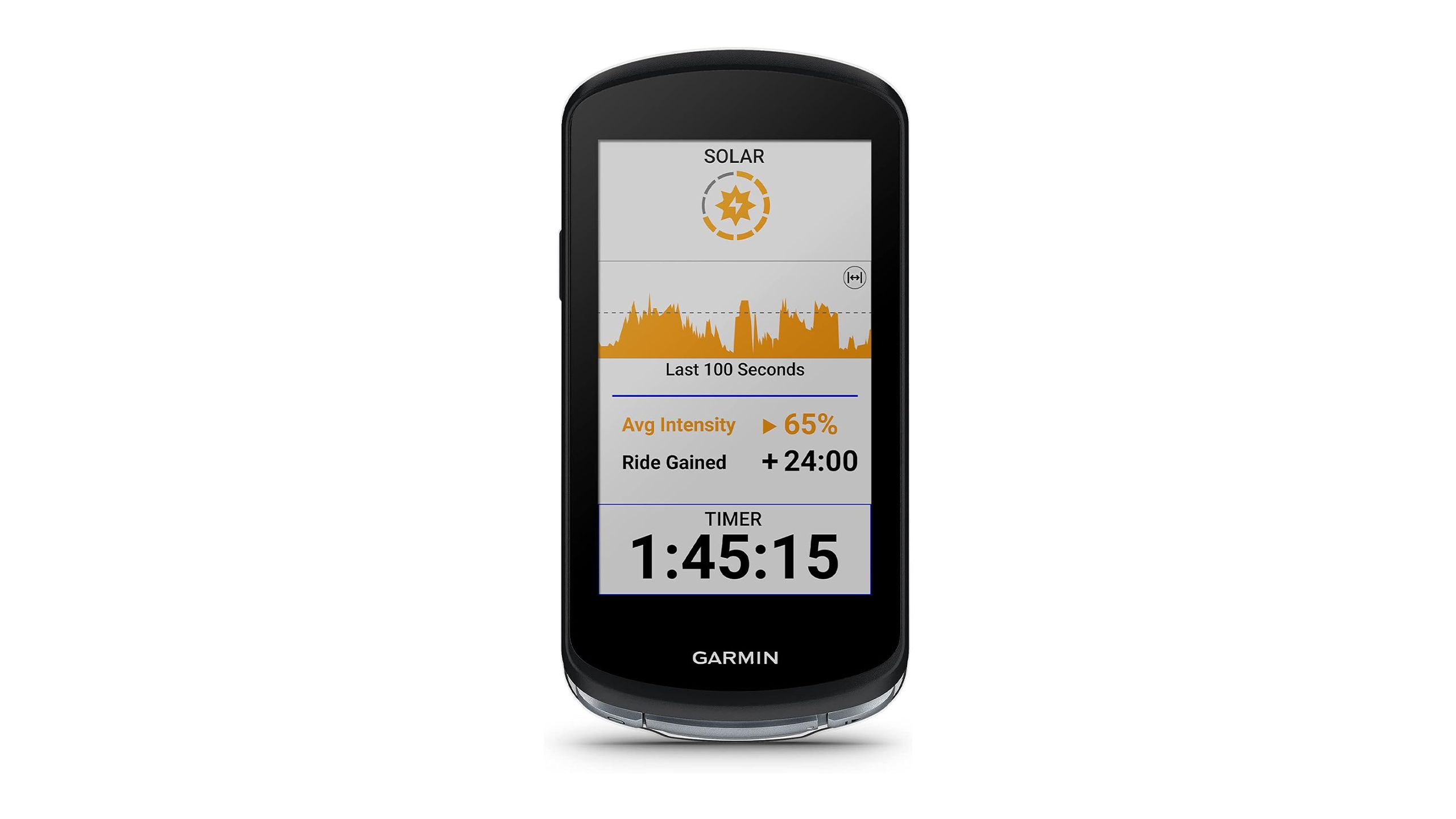 O ciclocomputador Garmin Edge 1040 Solar é colocado contra um fundo branco. 