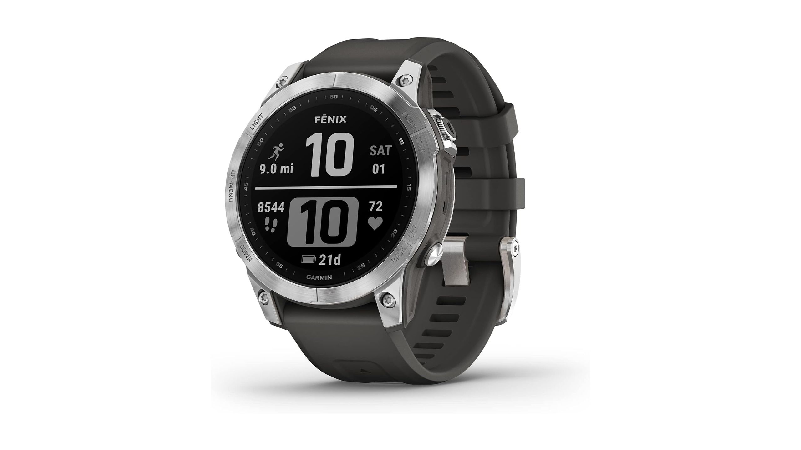 The Garmin Fenix 7 is placed against a white background. 