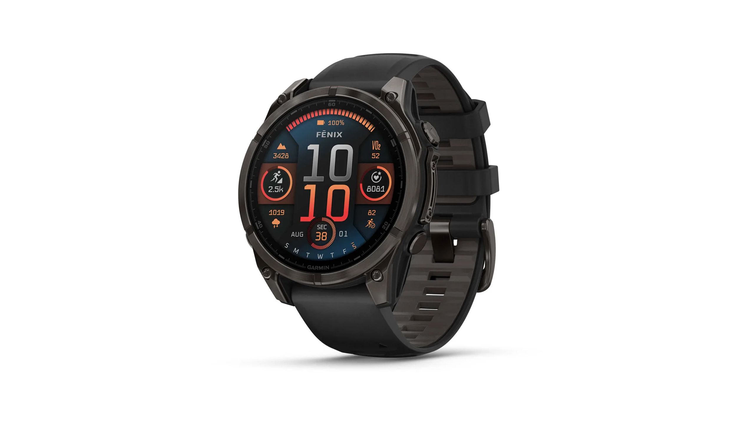 The Garmin fēnix 8 AMOLED smarttwatch is placed against a white background. 