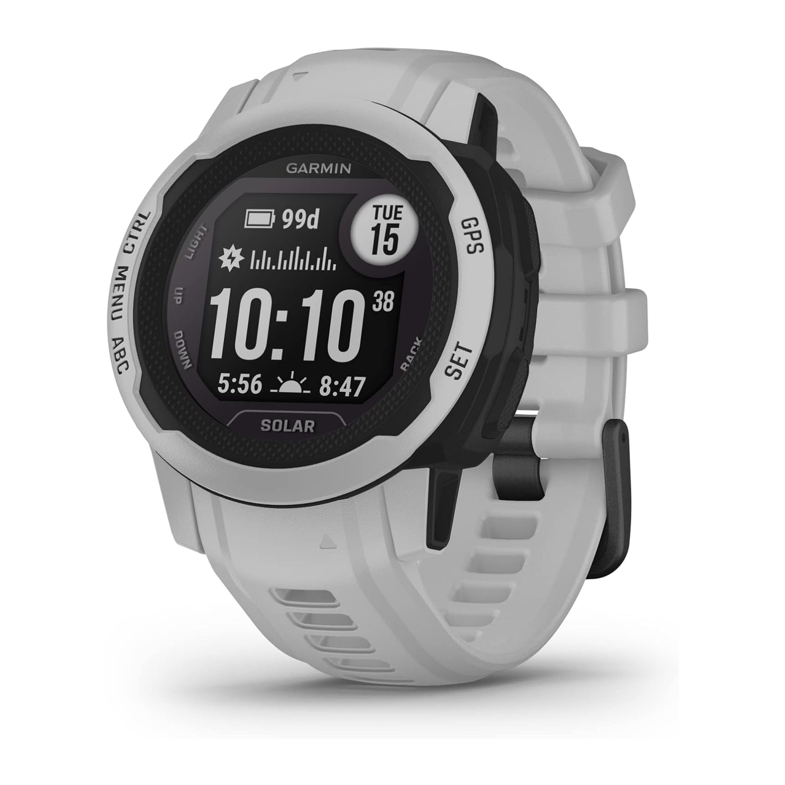 A white Garmin Instinct 2S Solar sits against a white background. 