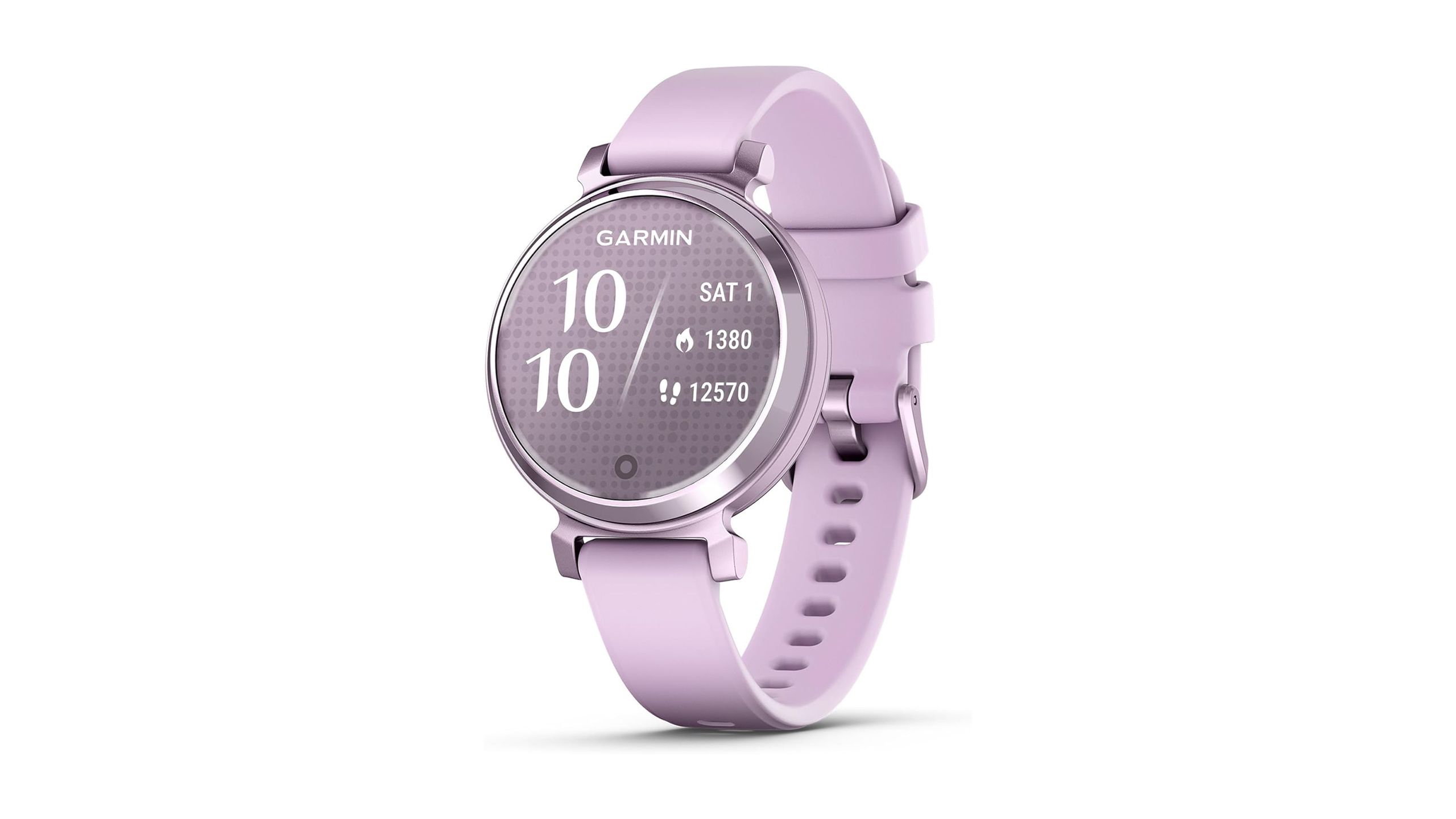 The purple Garmin Lily 2 smartwatch is placed against a white background. 