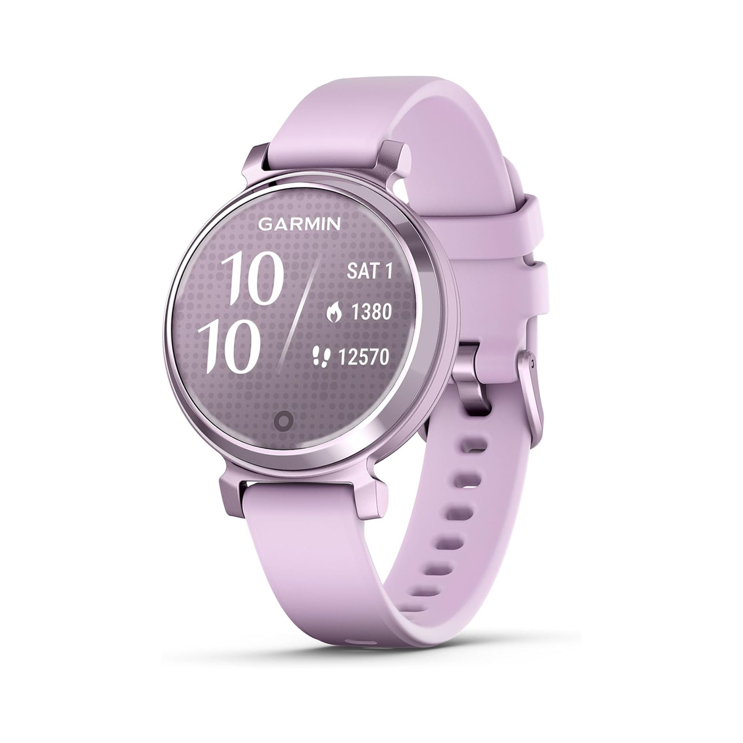 The Purple Garmin Lily 2 is placed against a white background. 